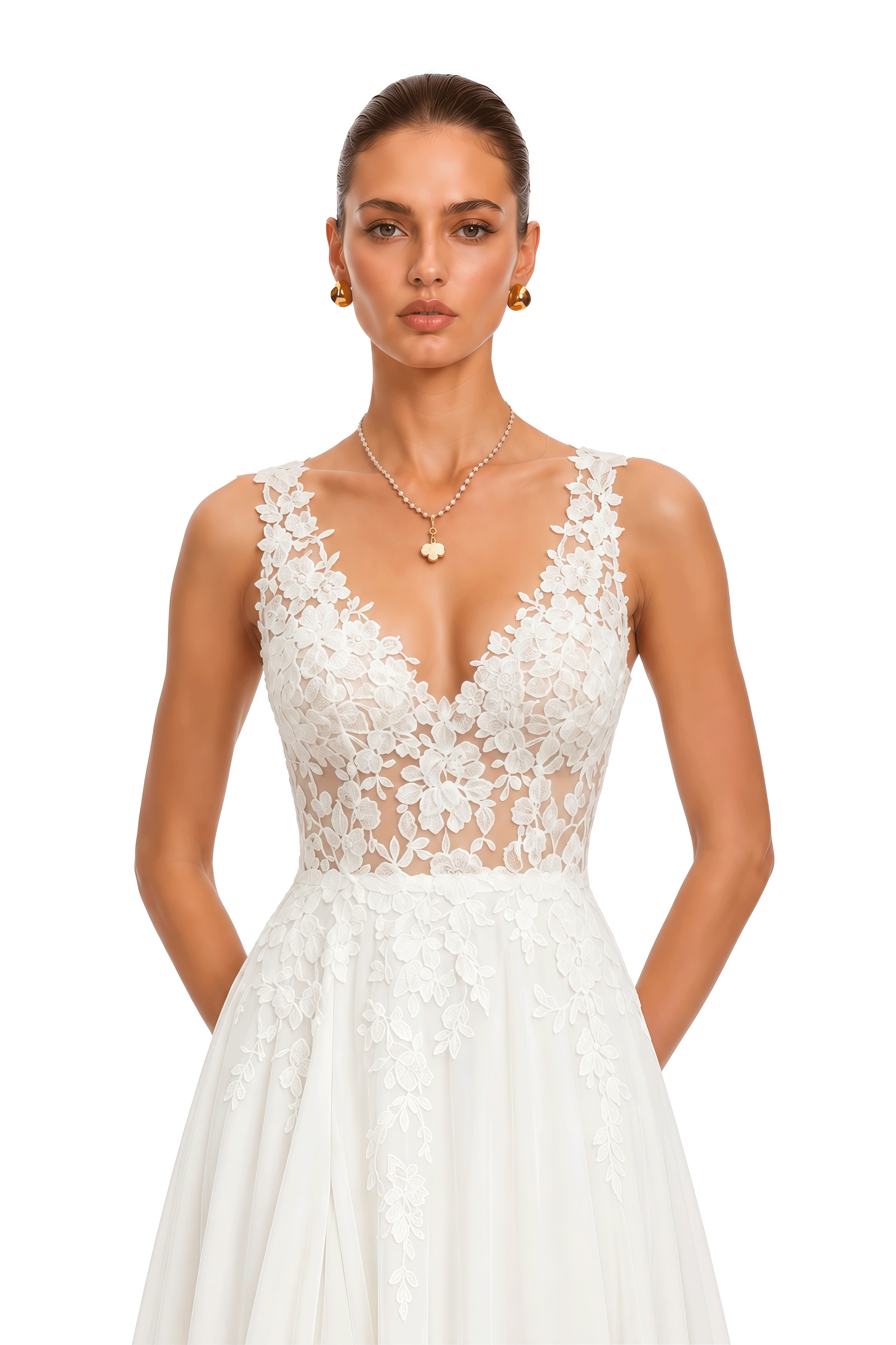 Razan White Lace V-Neck Maxi Dress with Slit