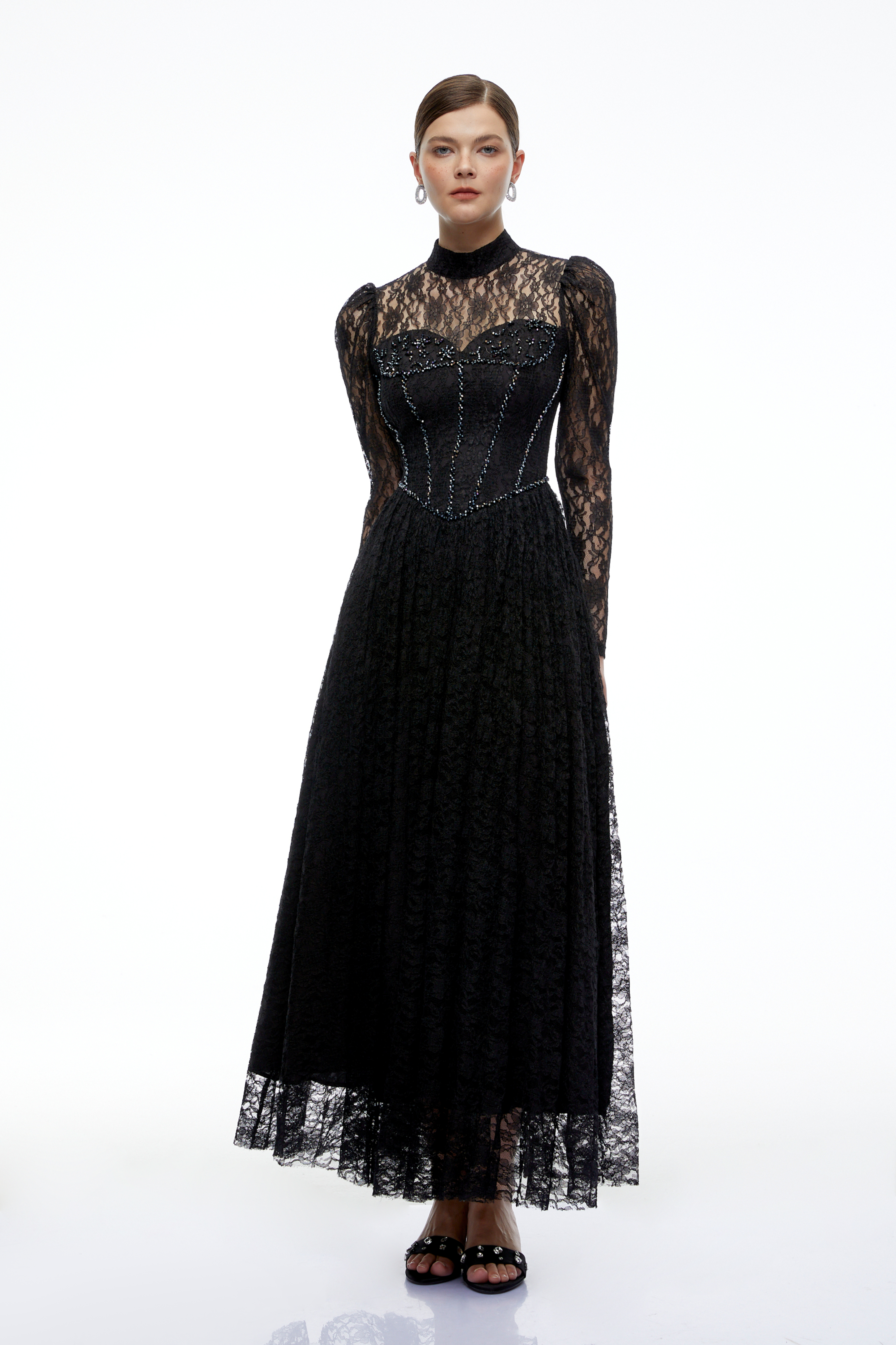 Reagan Black Lace High Neck Long Sleeve Maxi Dress