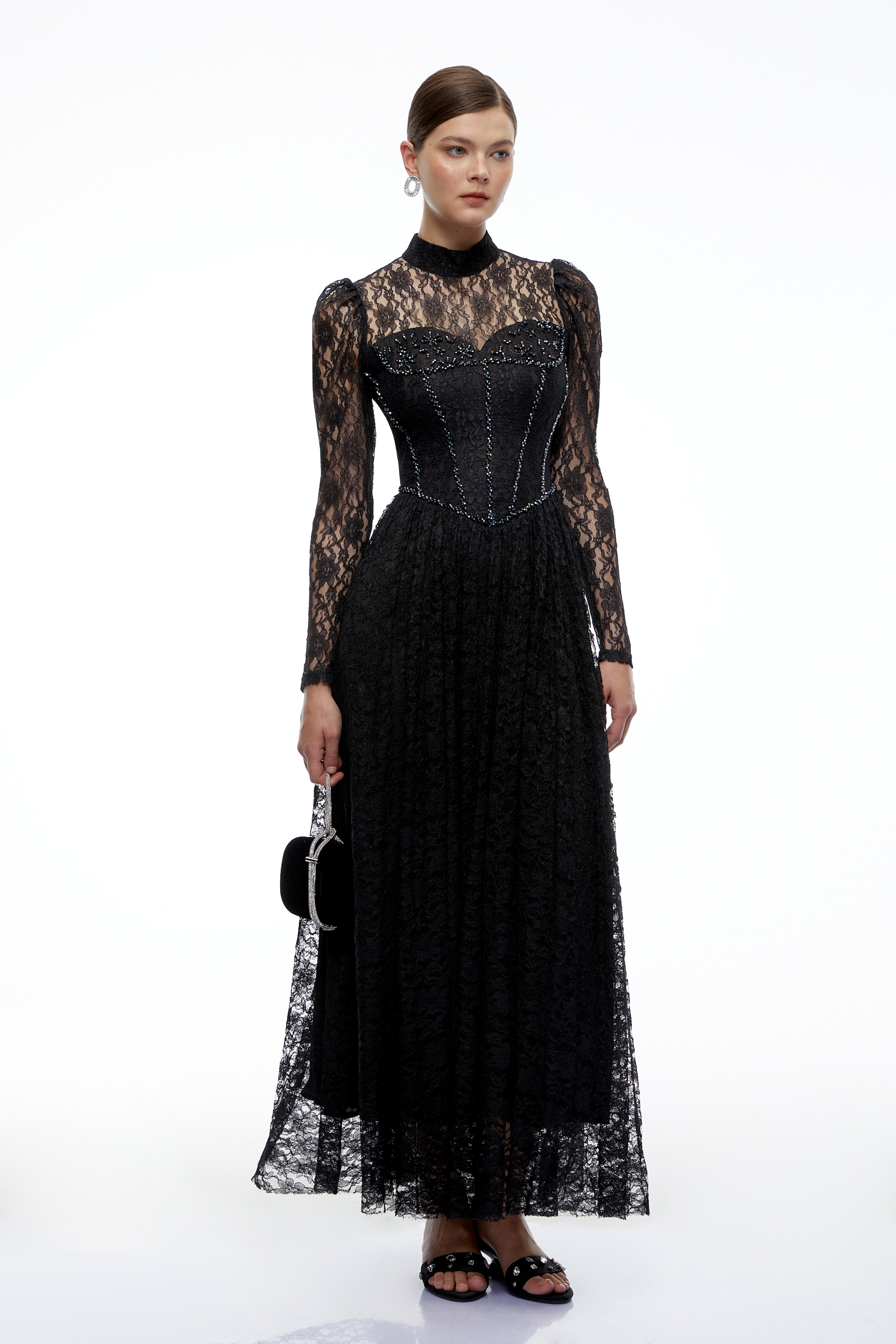 Reagan Black Lace High Neck Long Sleeve Maxi Dress