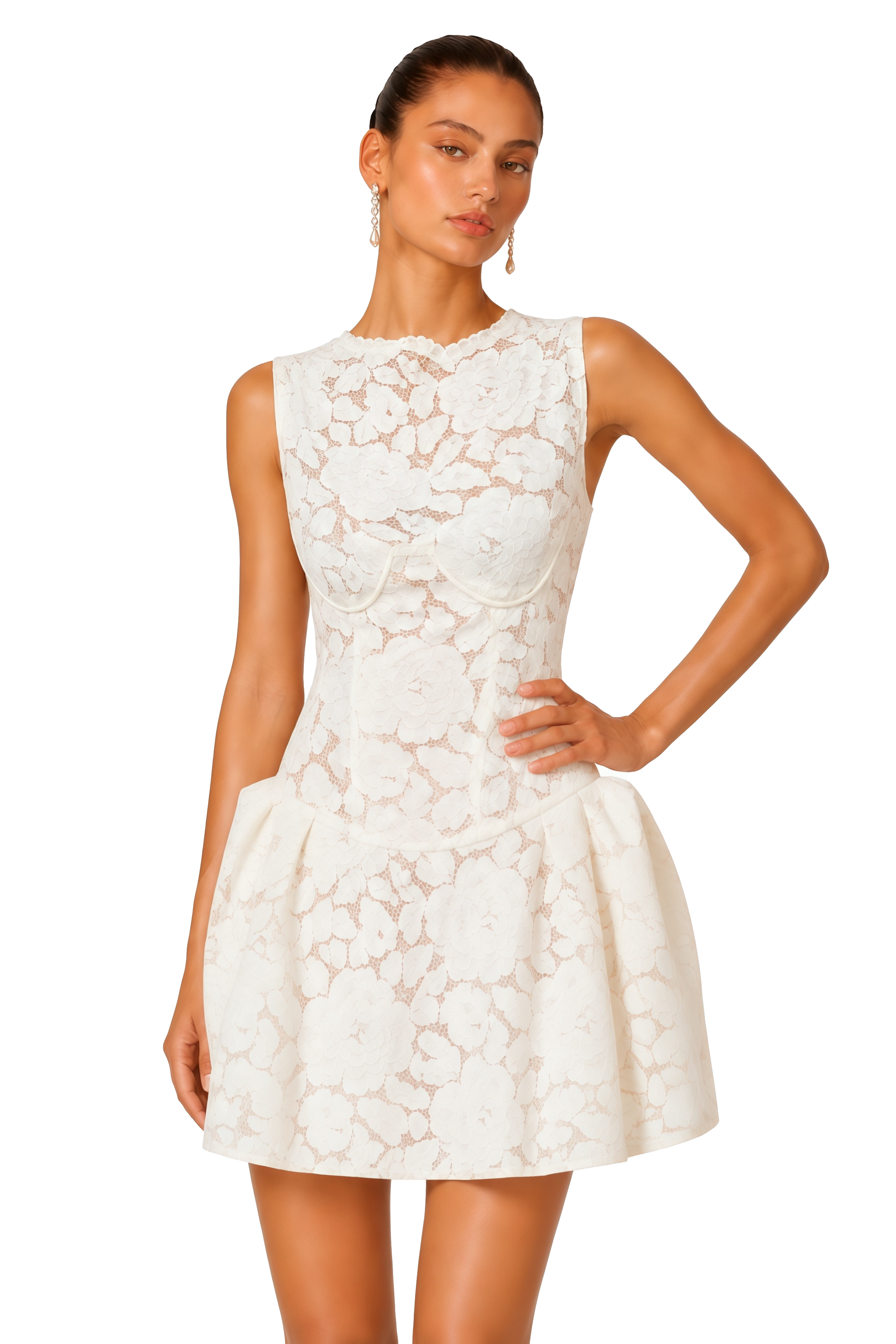 Regina White Ruched Lace Mini Dress