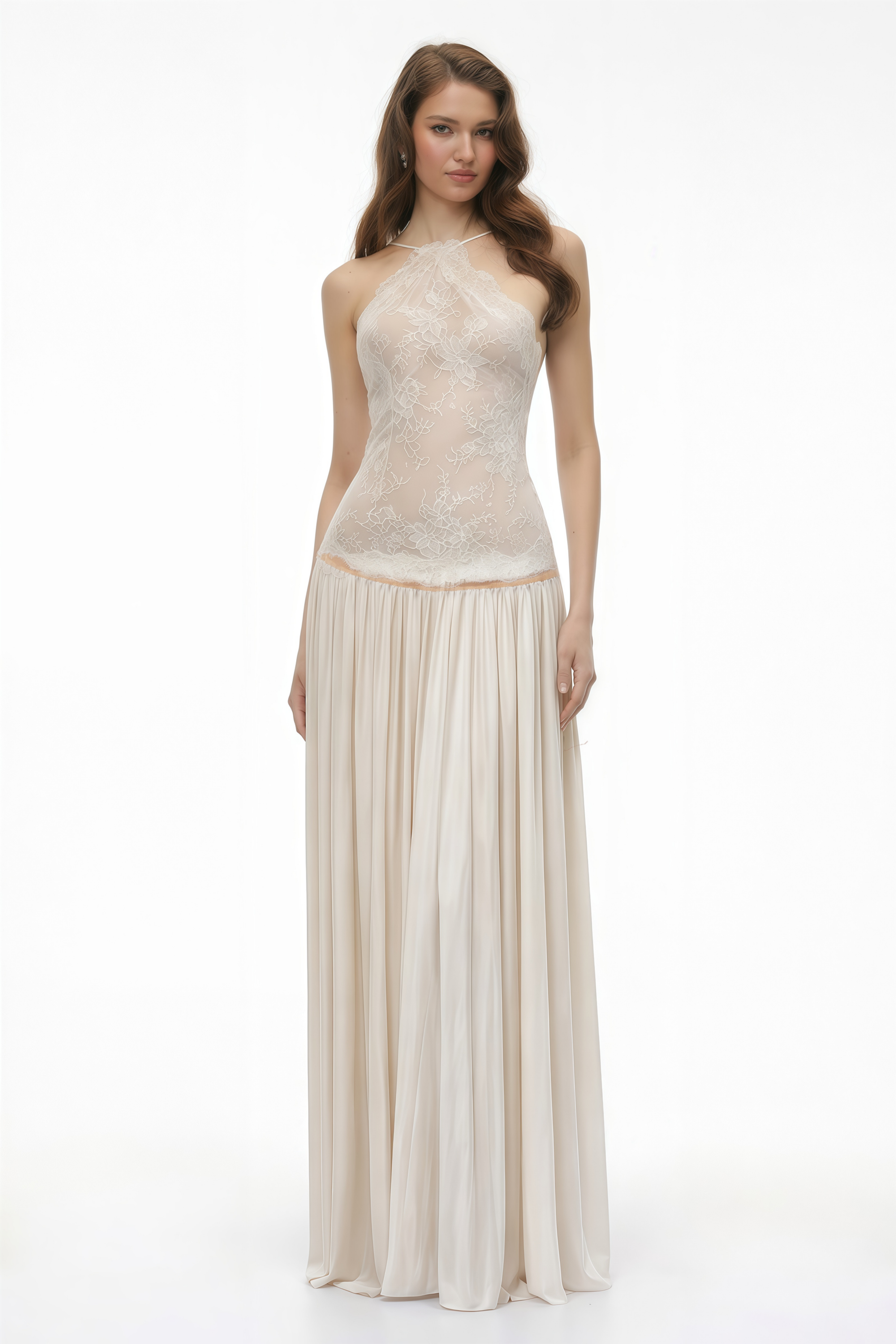 Off-white halter maxi dress with a lace bodice and pleated skirt