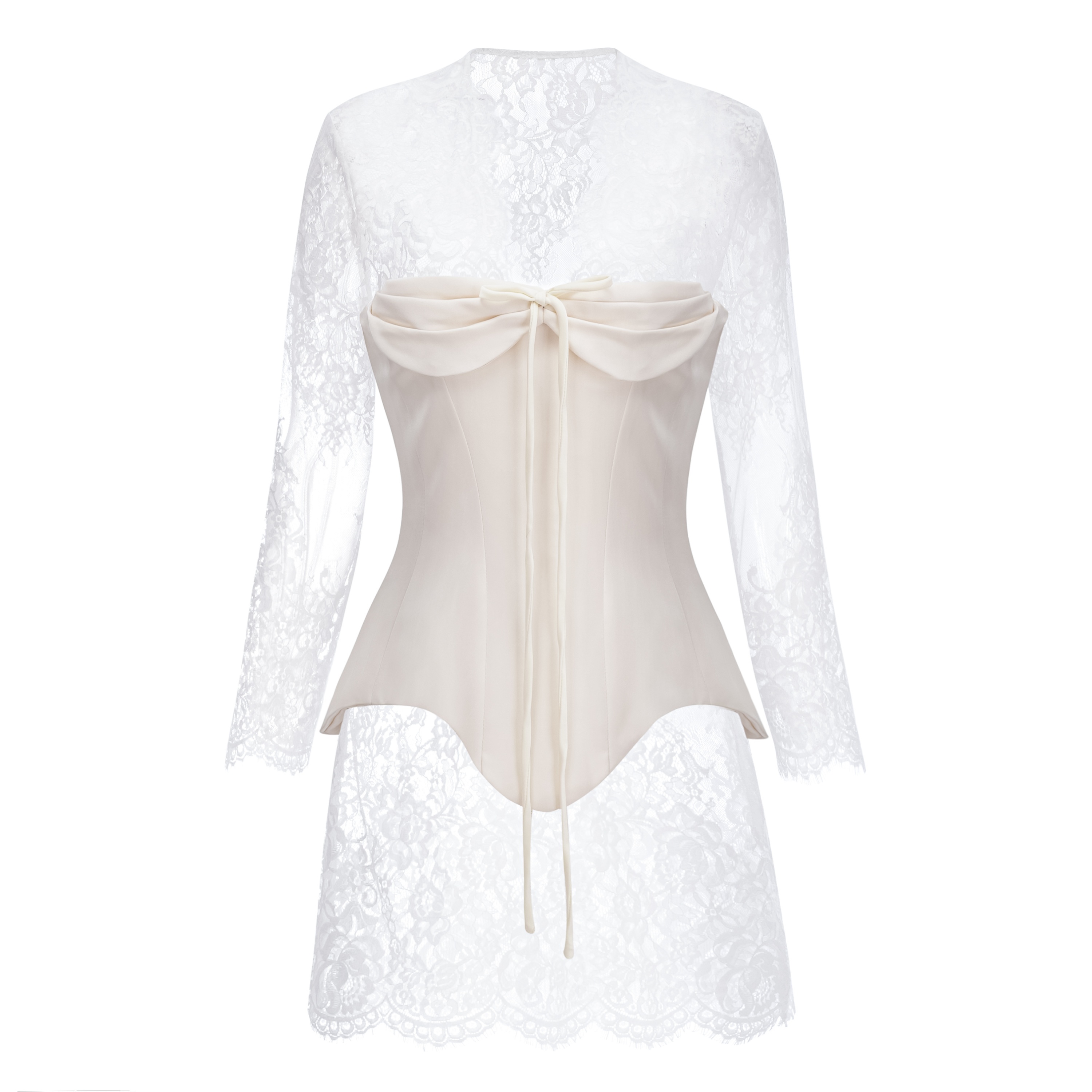 Renata White Ruched Top & Semi Sheer Lace Mini Dress Set