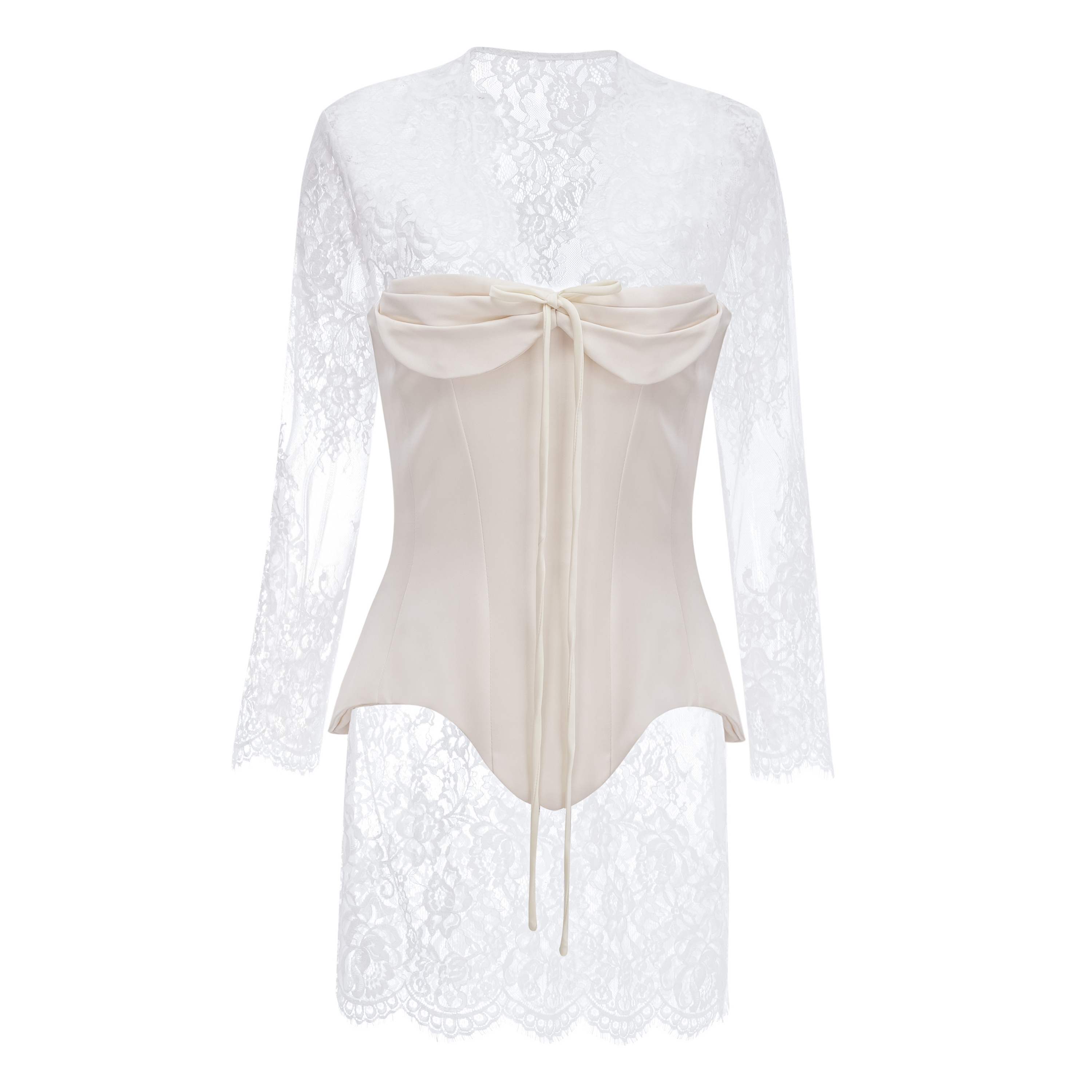 Renata White Ruched Top & Semi Sheer Lace Mini Dress Set