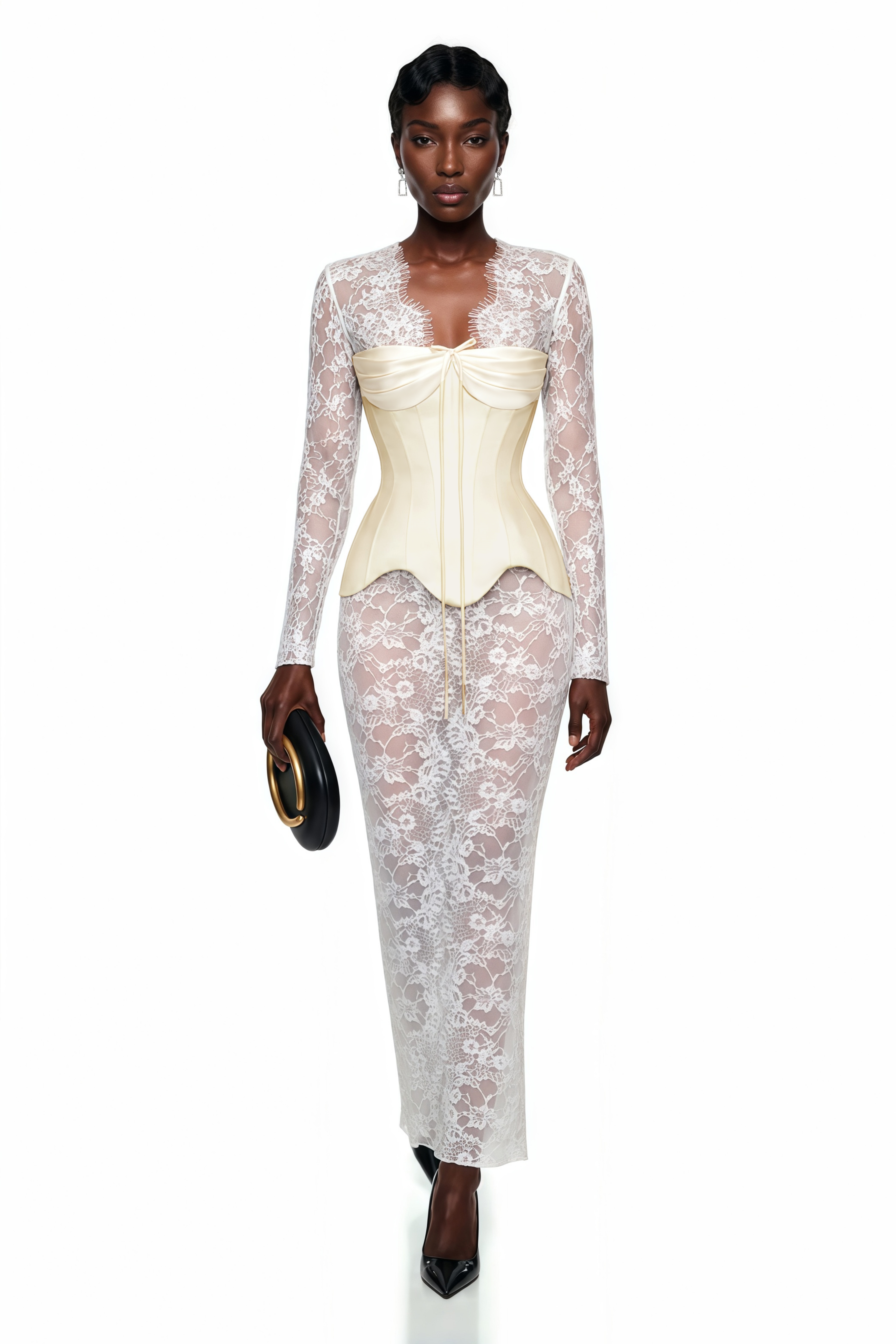 Off-white corset gown over sheer lace long-sleeved dress