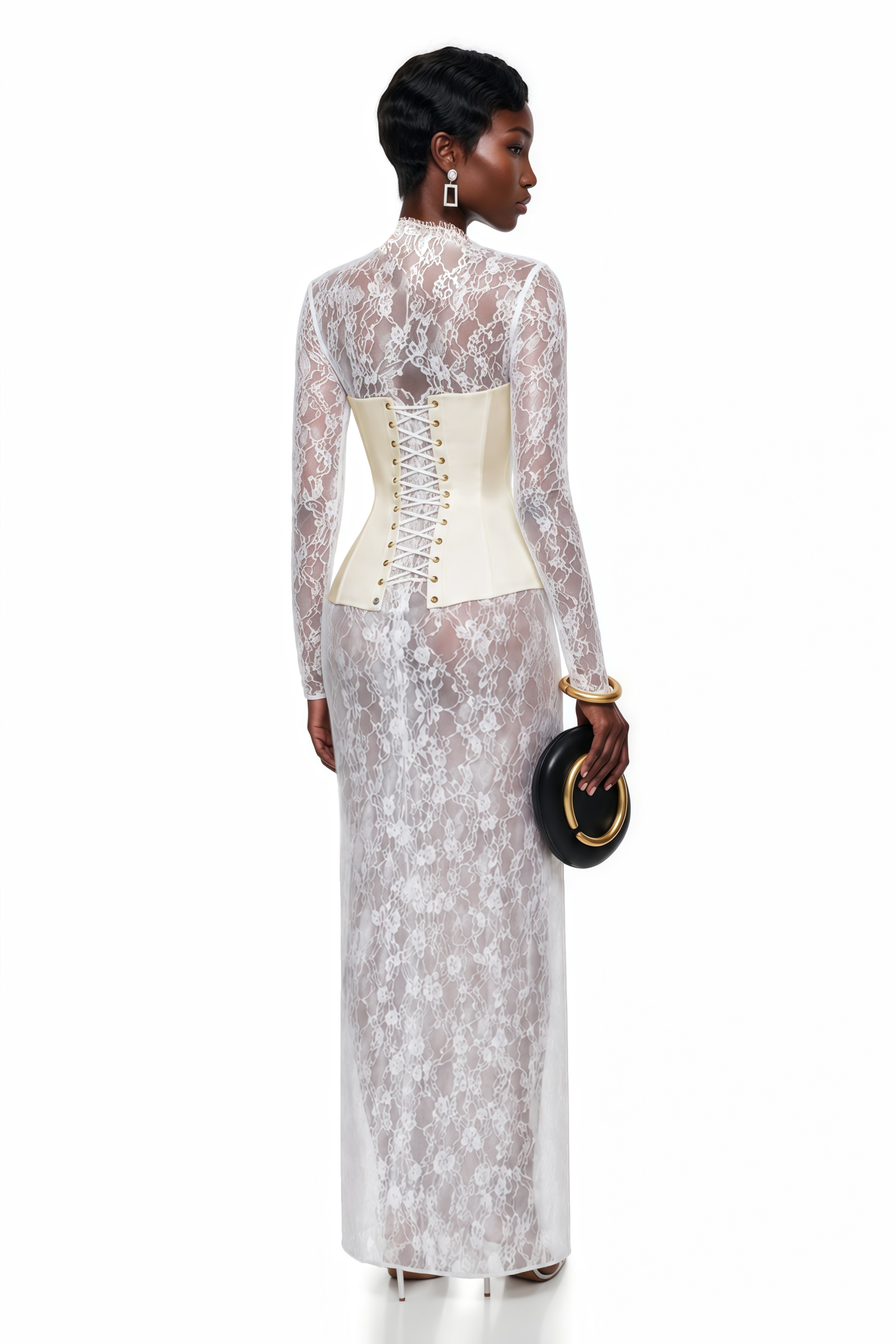 Off-white corset gown over sheer lace long-sleeved dress