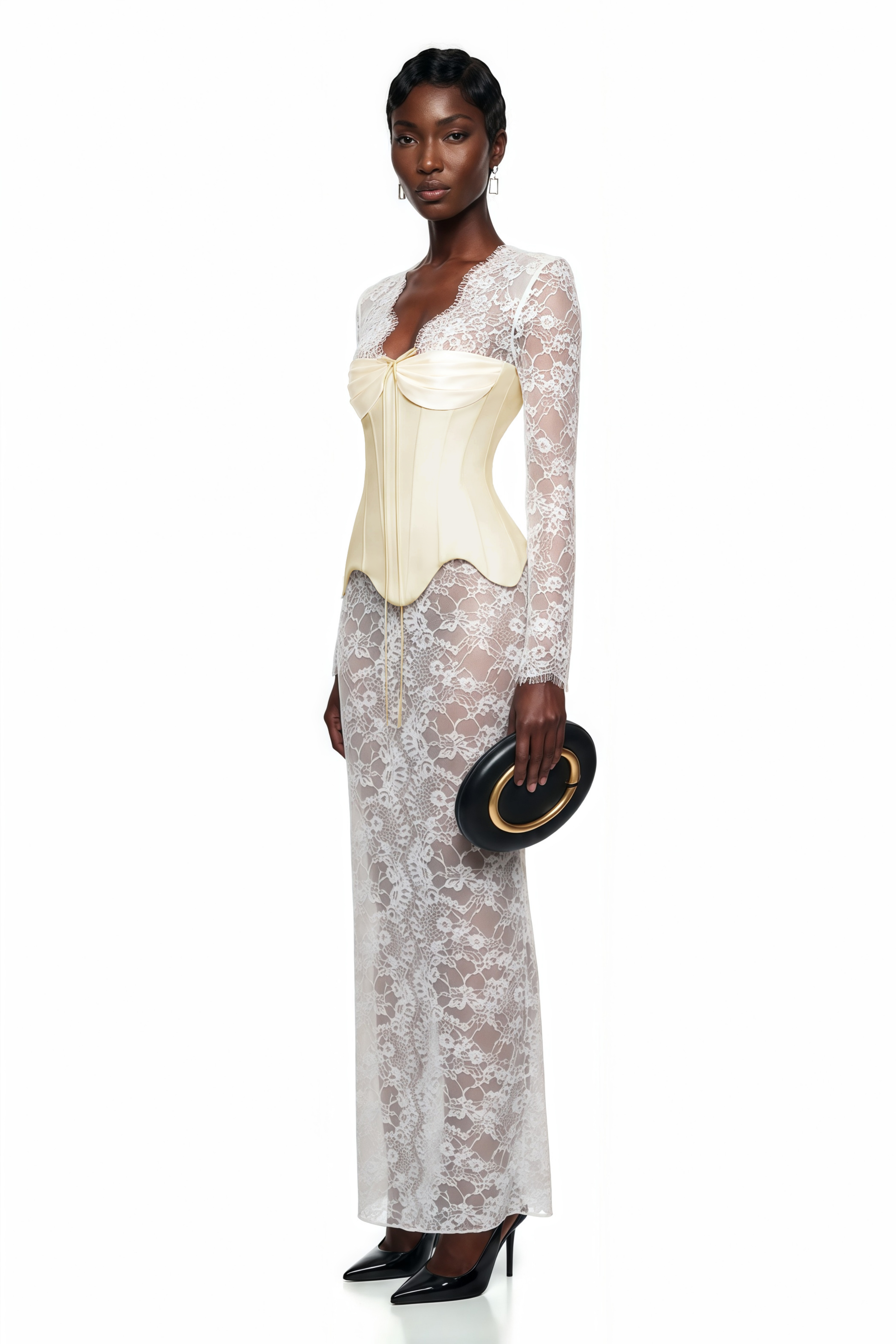 Off-white corset gown over sheer lace long-sleeved dress