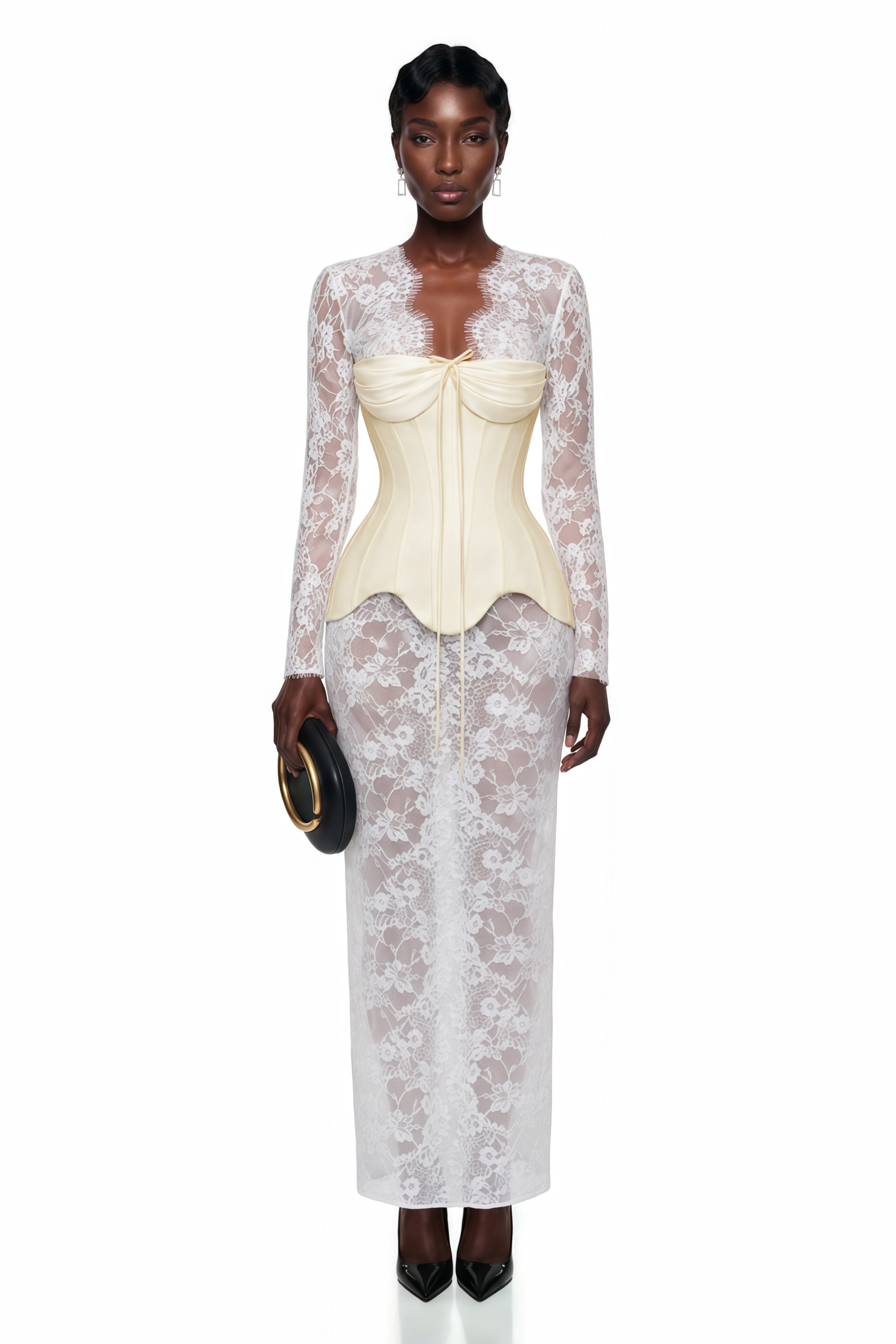 Off-white corset gown over sheer lace long-sleeved dress