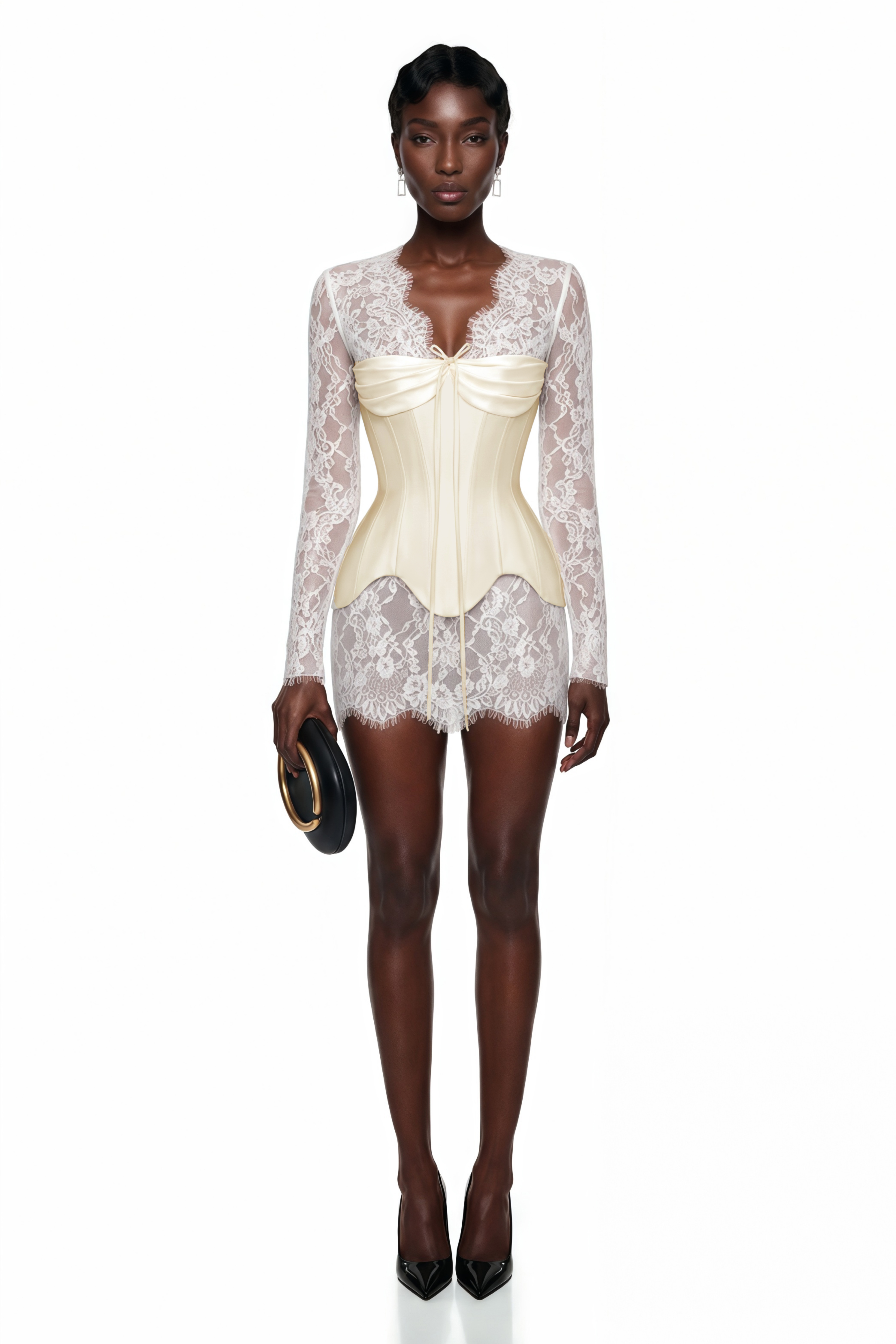 White sheer lace long-sleeve mini dress featuring a structured cream satin corset bodice with a tie detail