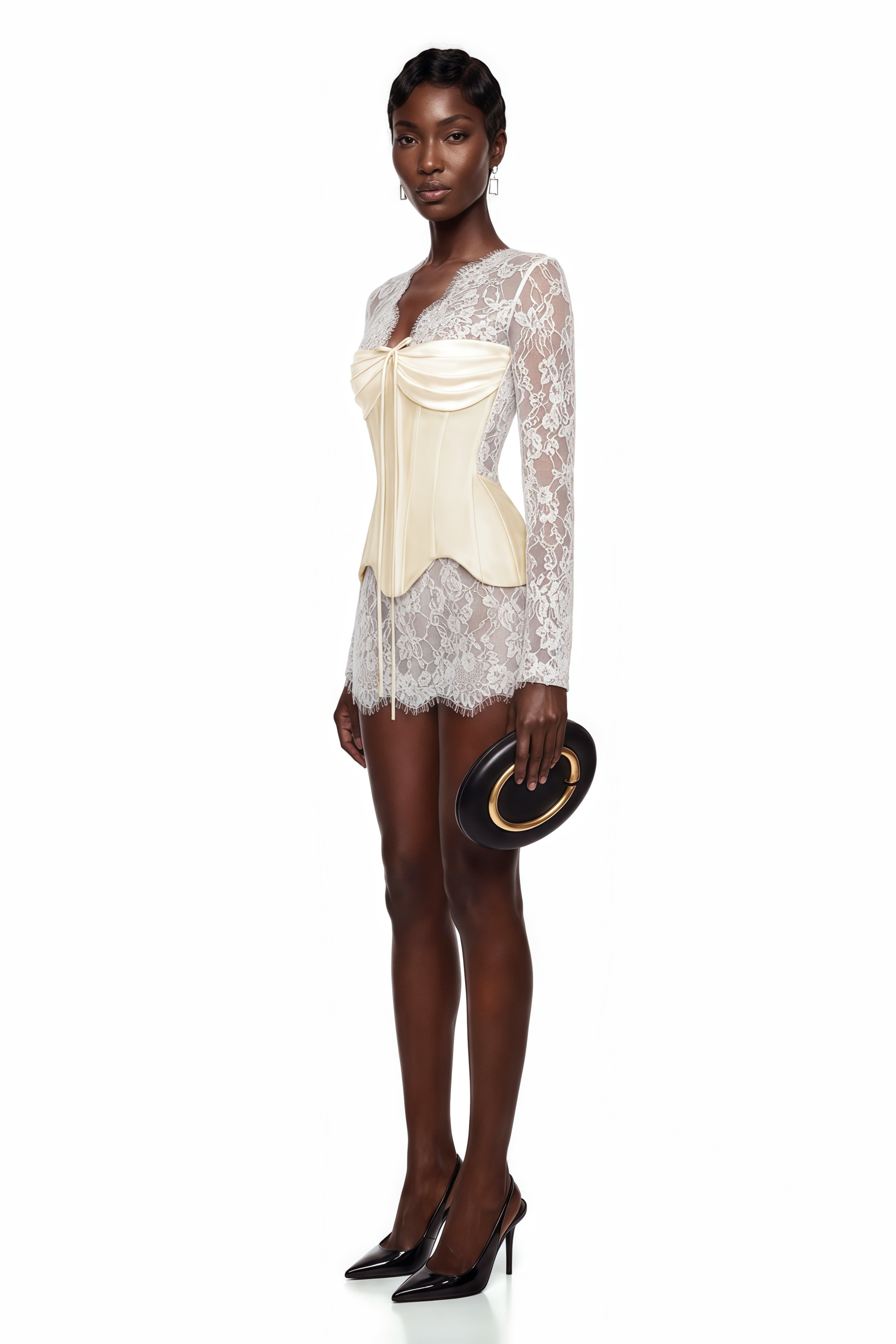 White sheer lace long-sleeve mini dress featuring a structured cream satin corset bodice with a tie detail