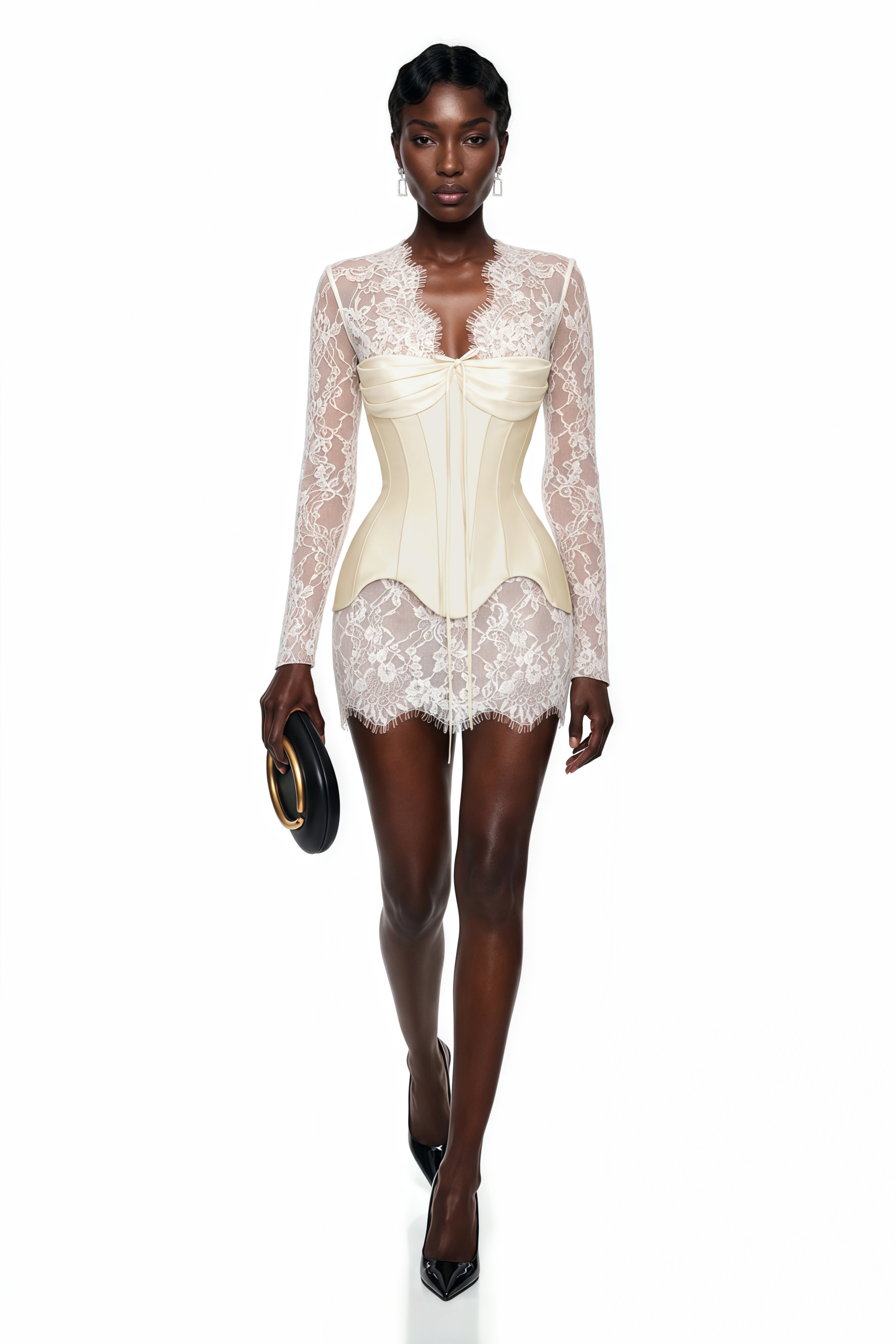 White sheer lace long-sleeve mini dress featuring a structured cream satin corset bodice with a tie detail