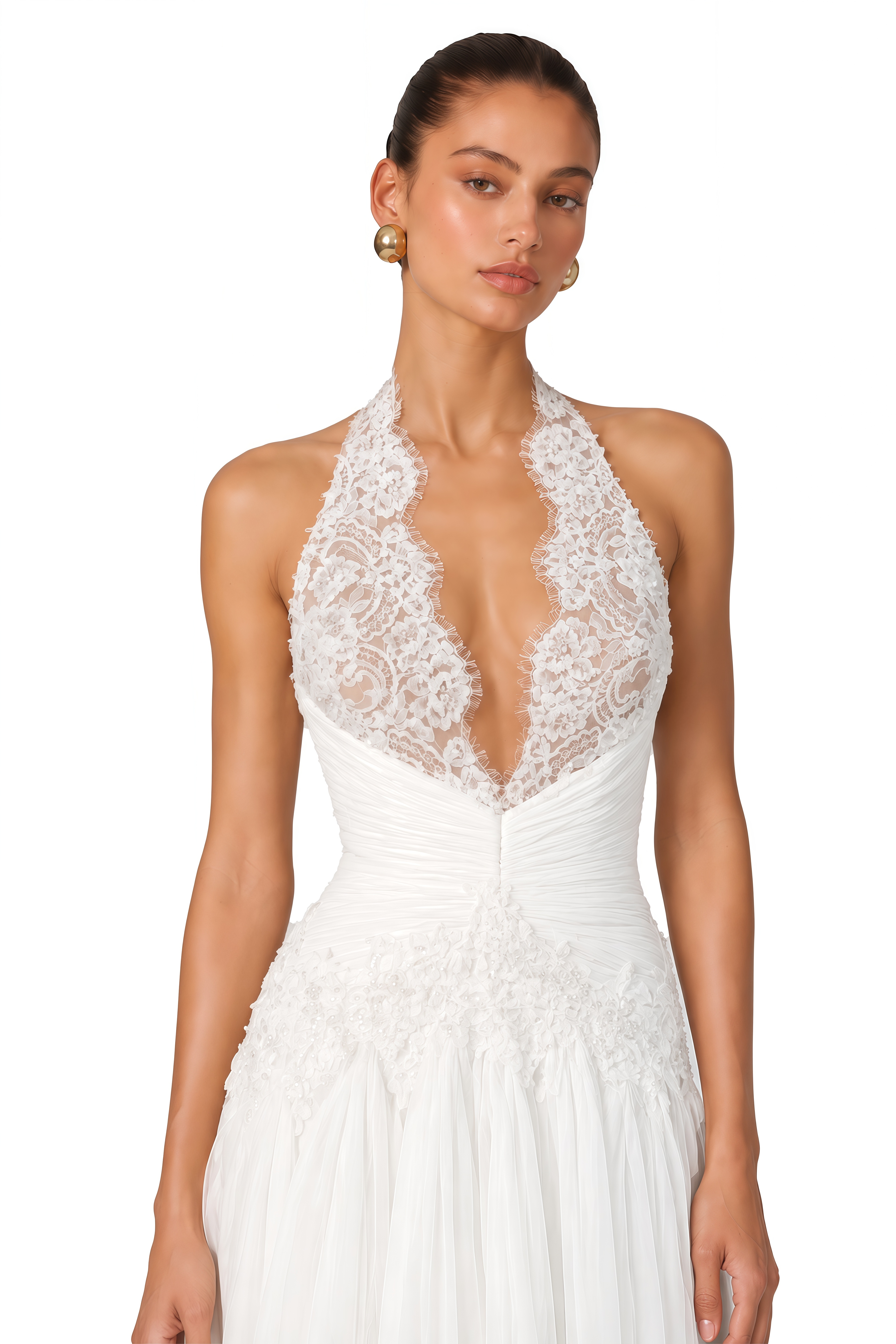 Renee White Lace Halterneck Ruched Maxi Dress