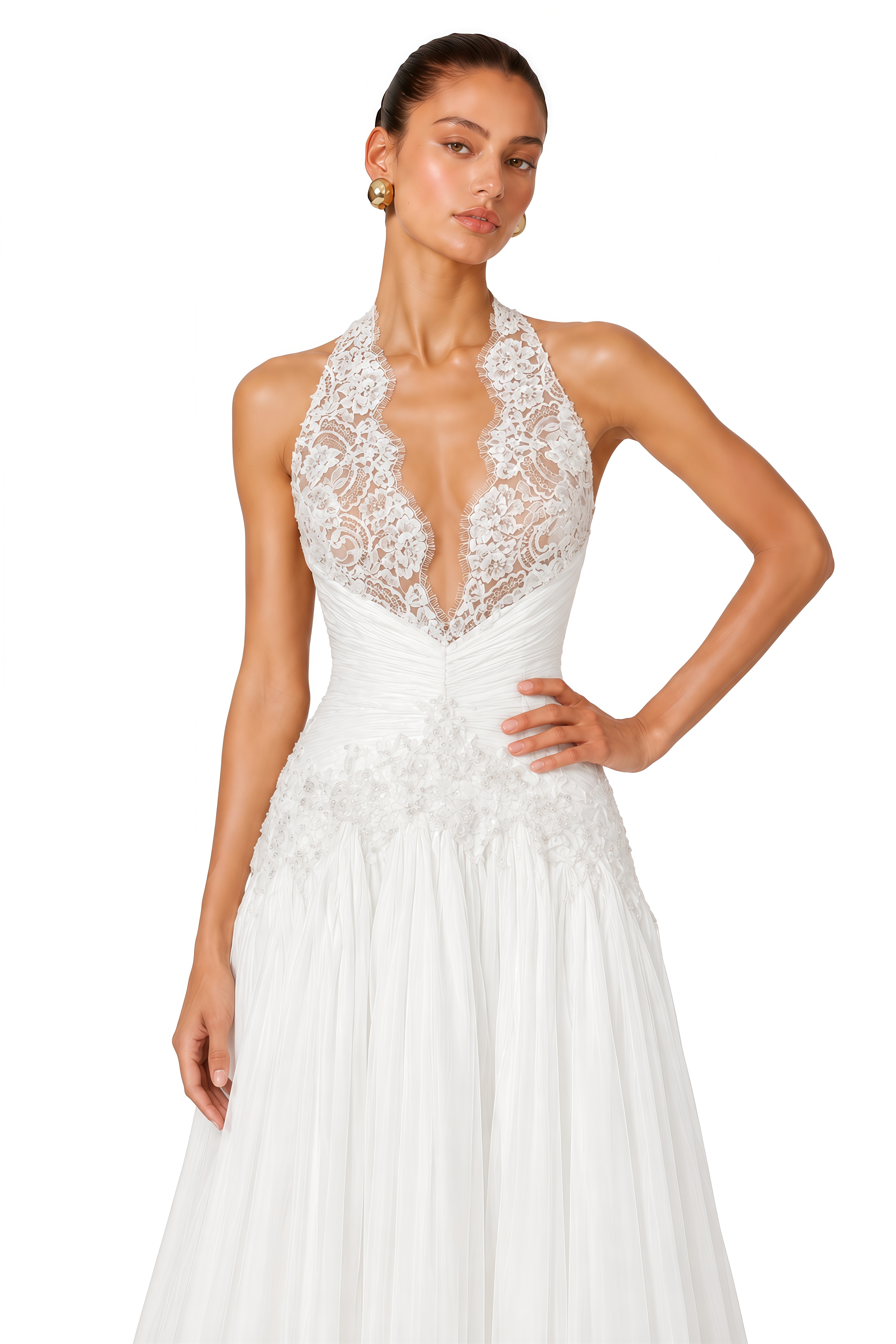Renee White Lace Halterneck Ruched Maxi Dress