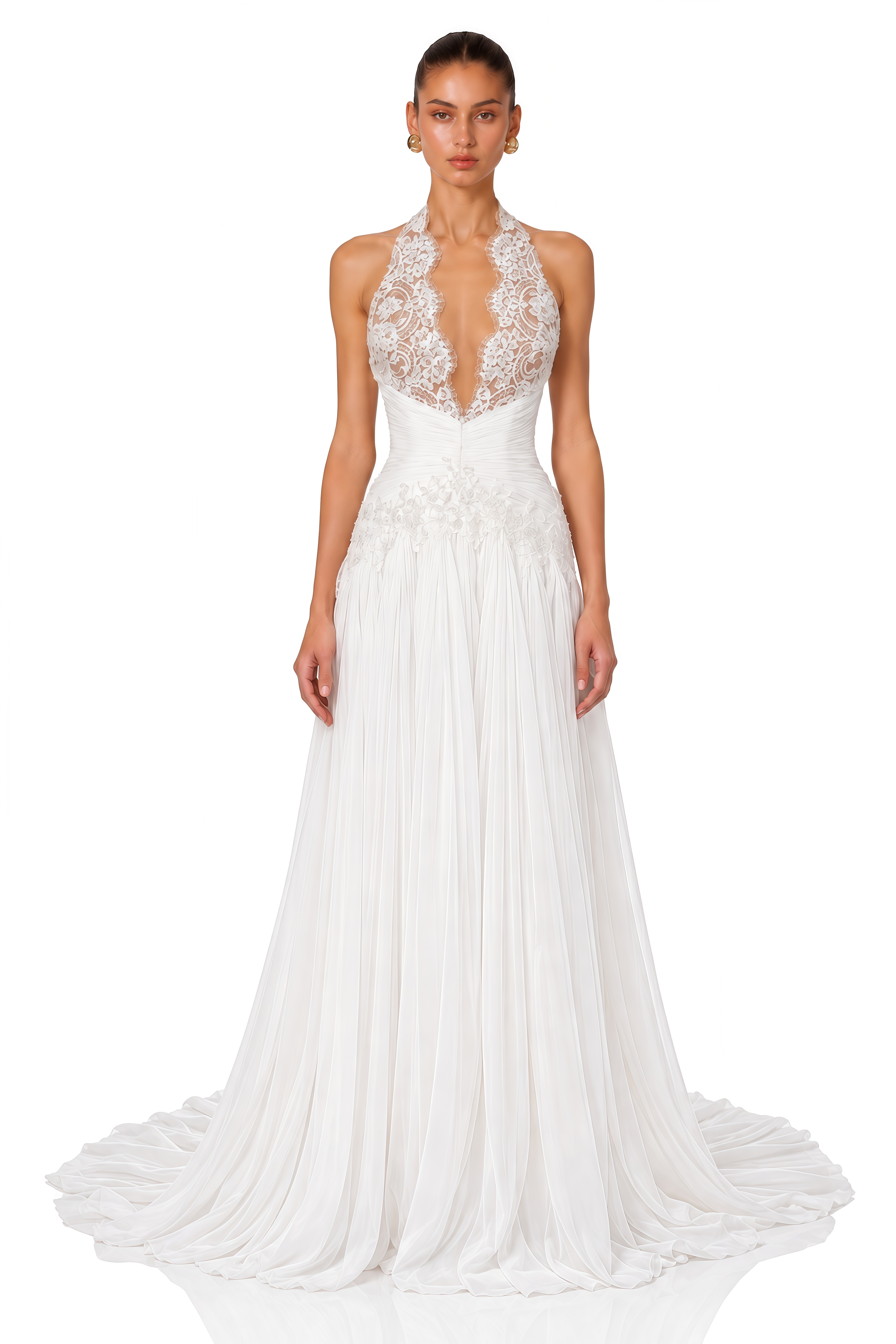 Renee White Lace Halterneck Ruched Maxi Dress