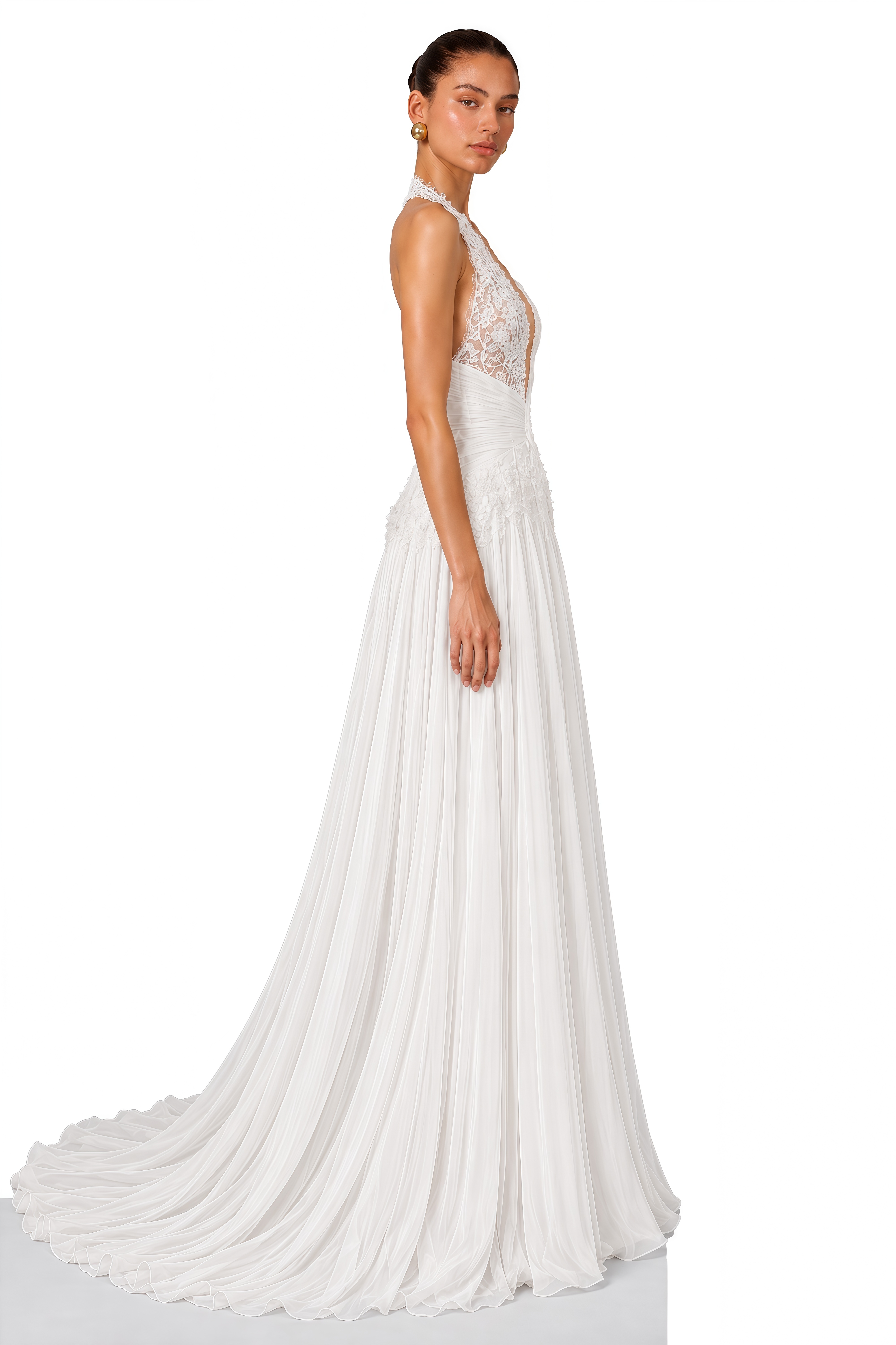 Renee White Lace Halterneck Ruched Maxi Dress