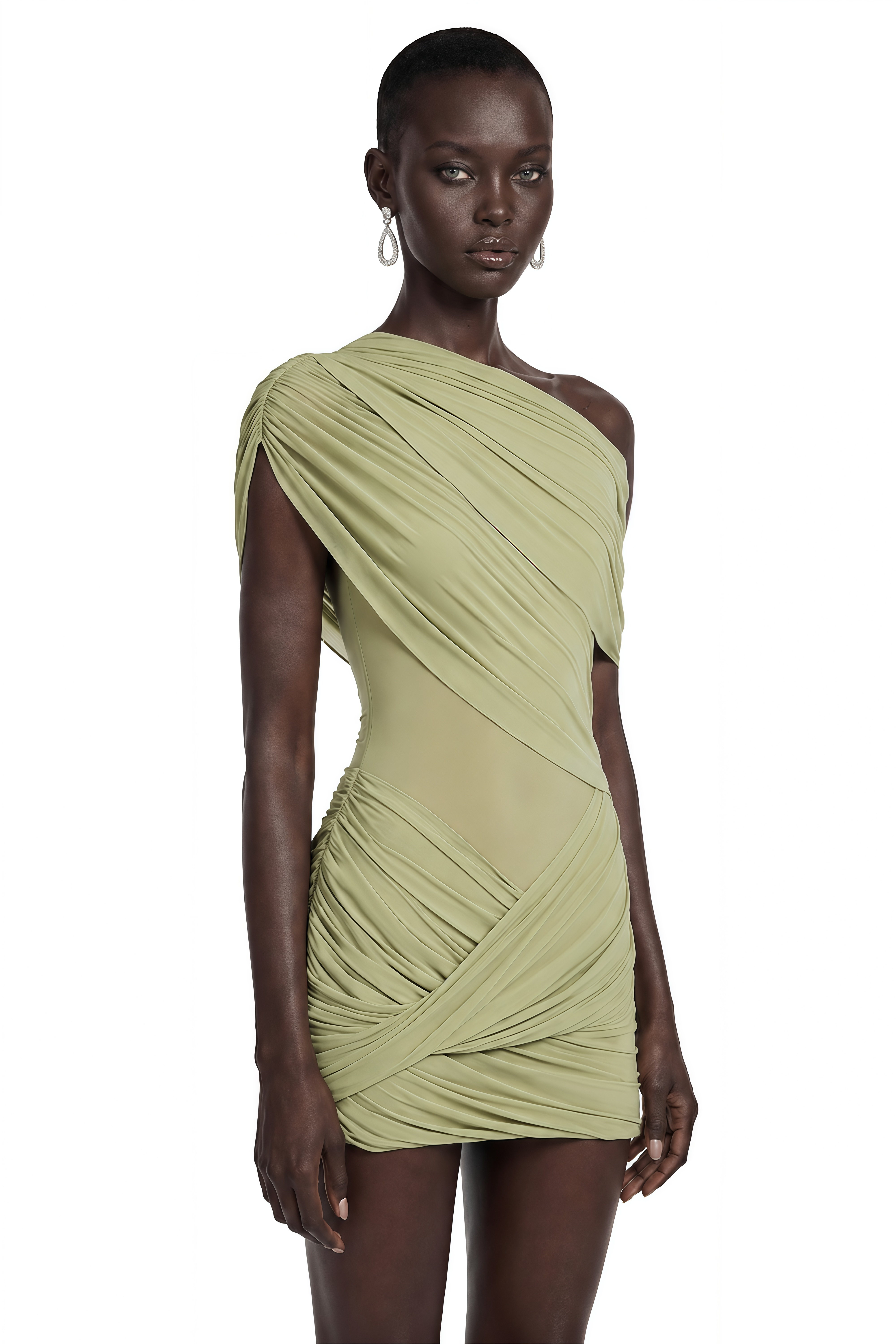 Rhea Green One-Shoulder Asymmetrical Ruched Mini Dress
