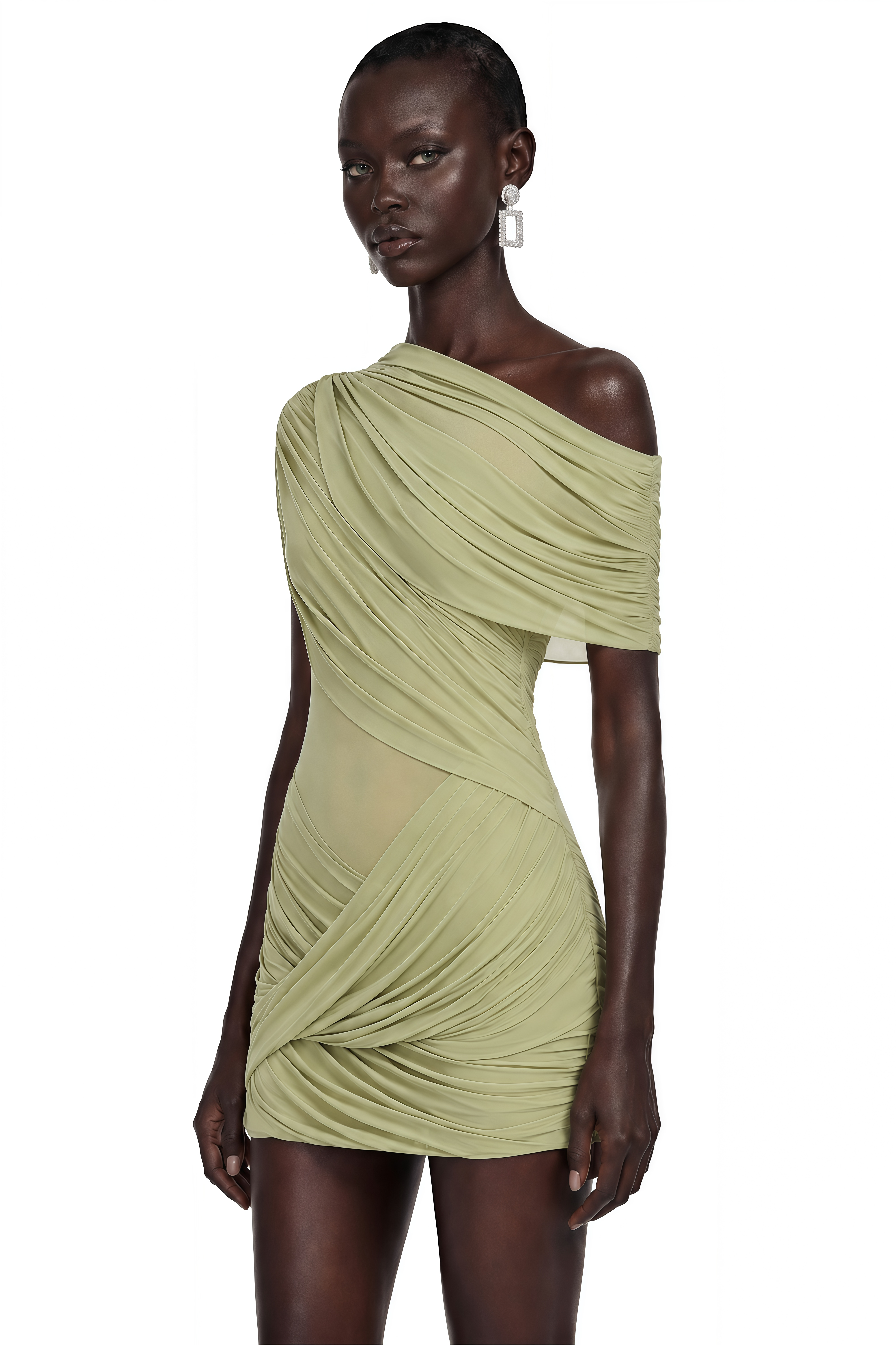 Rhea Green One-Shoulder Asymmetrical Ruched Mini Dress