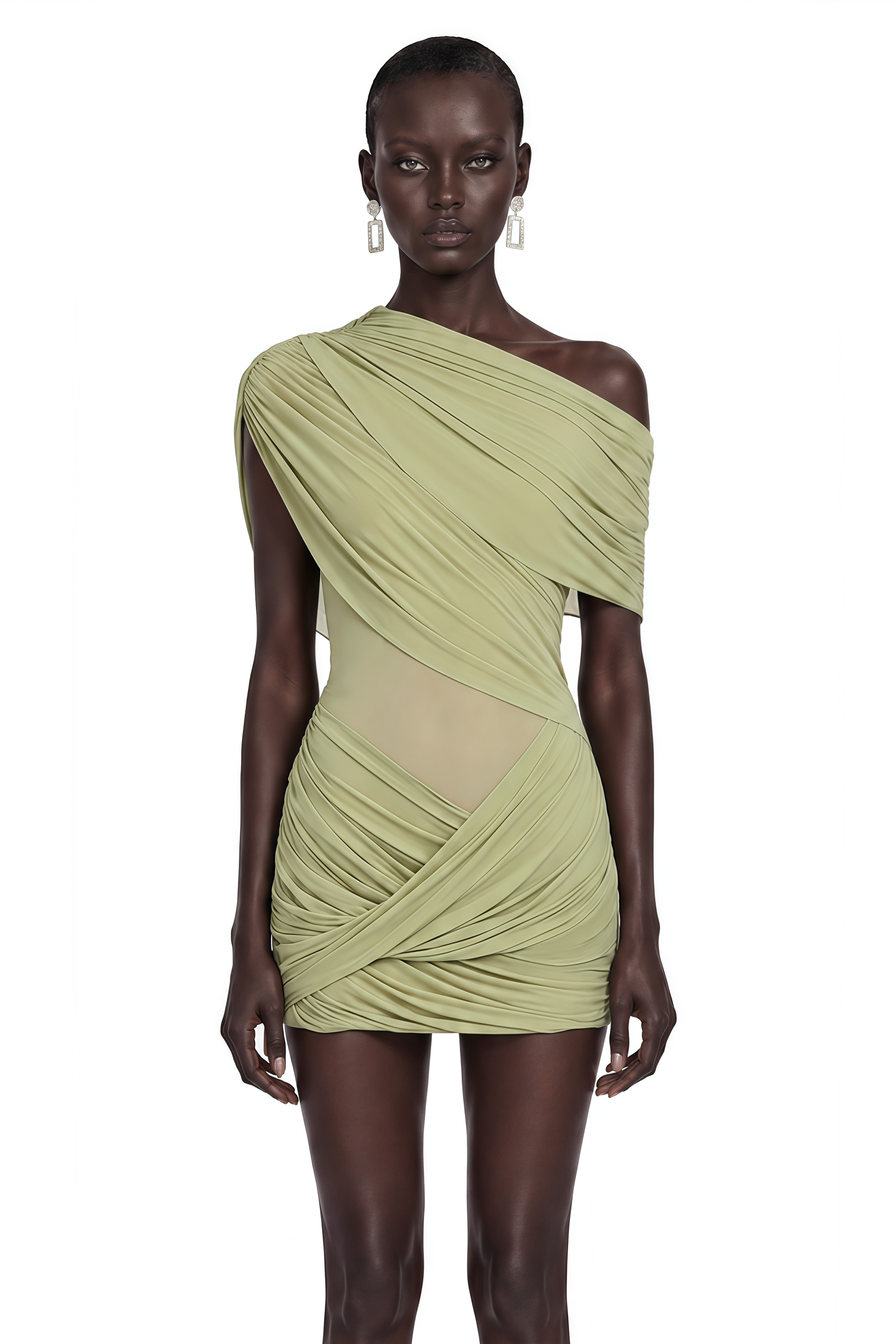 Rhea Green One-Shoulder Asymmetrical Ruched Mini Dress