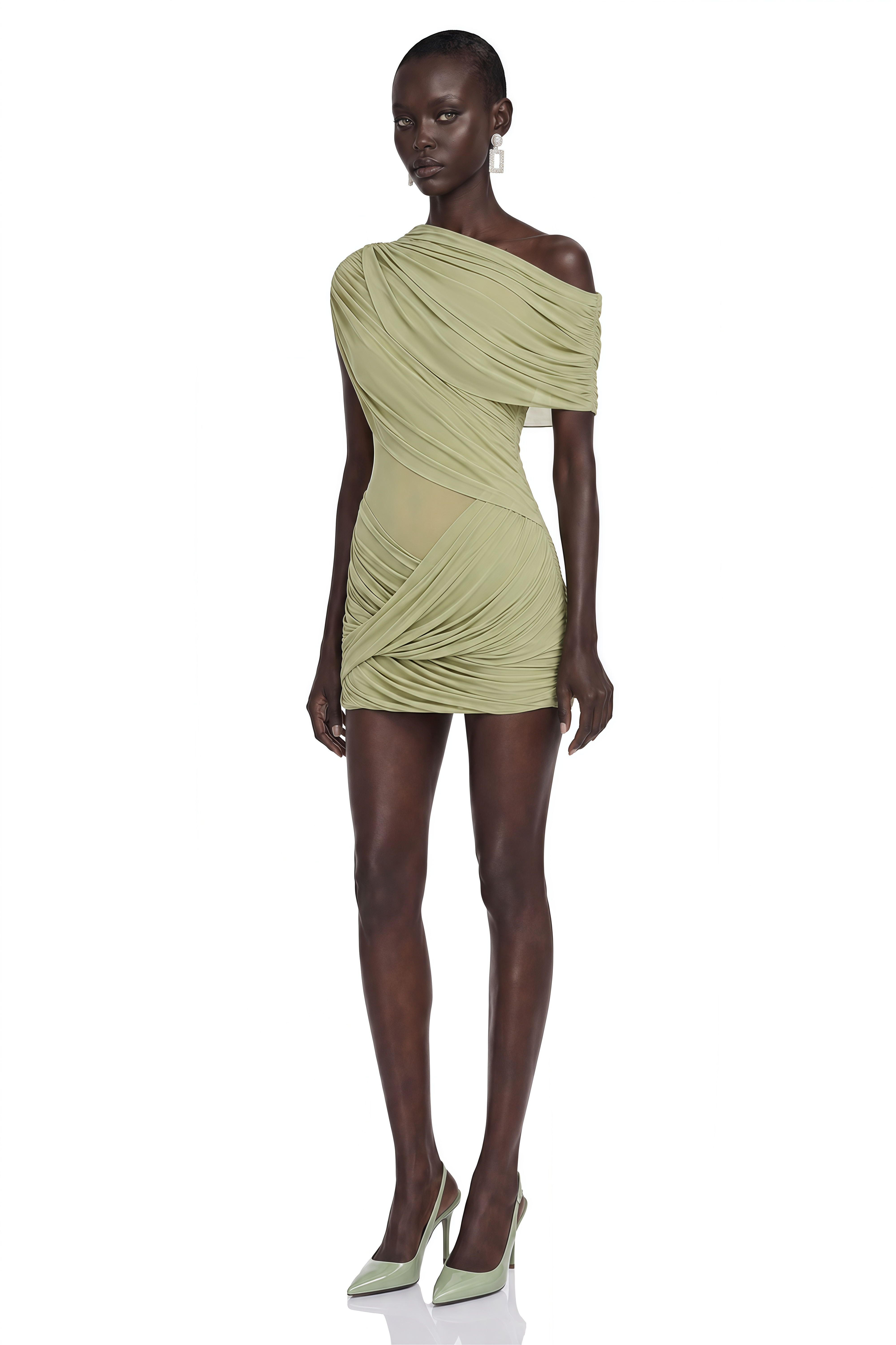 Rhea Green One-Shoulder Asymmetrical Ruched Mini Dress