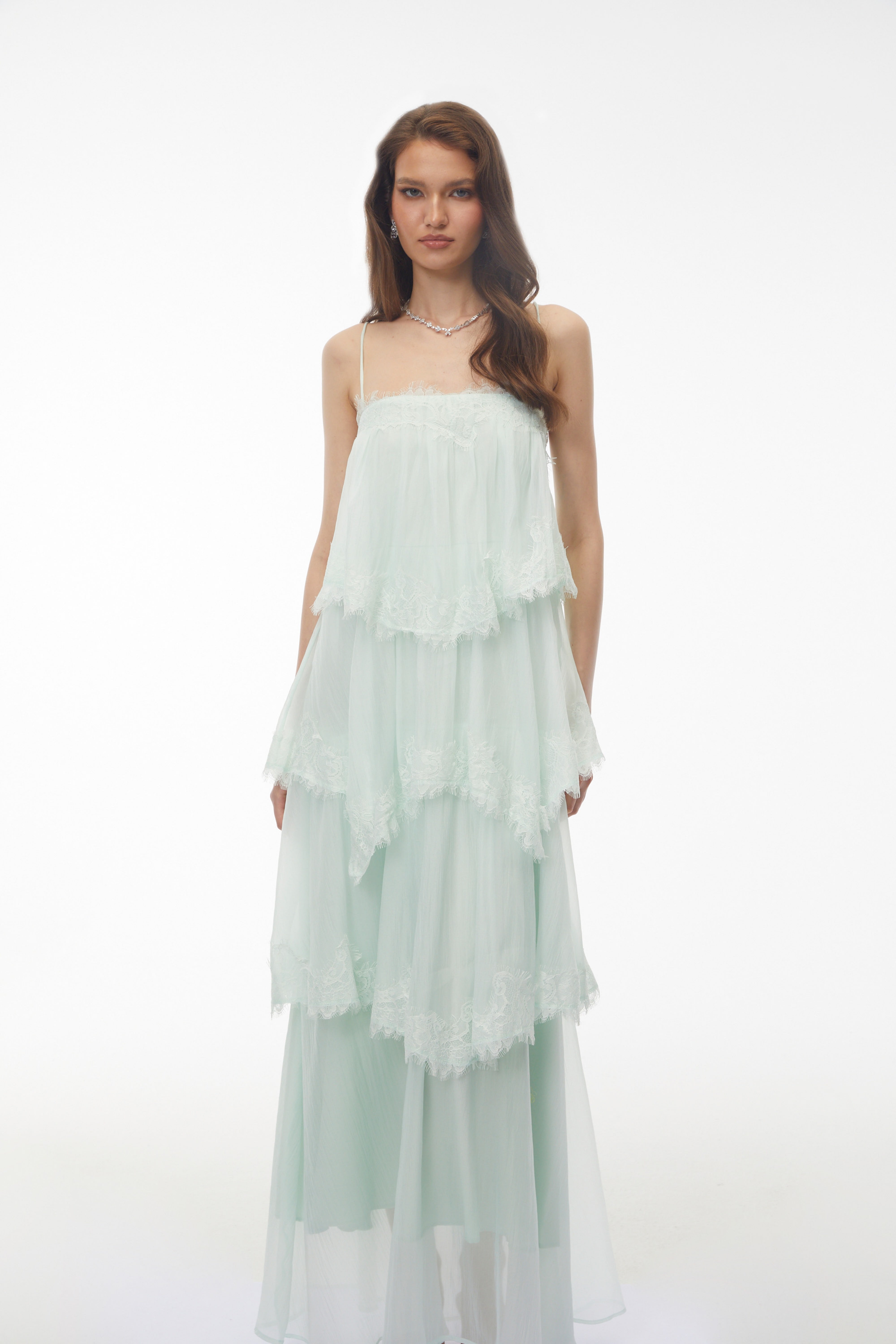 Mint Green Tiered Maxi Dress with Lace Trim and Spaghetti Straps
