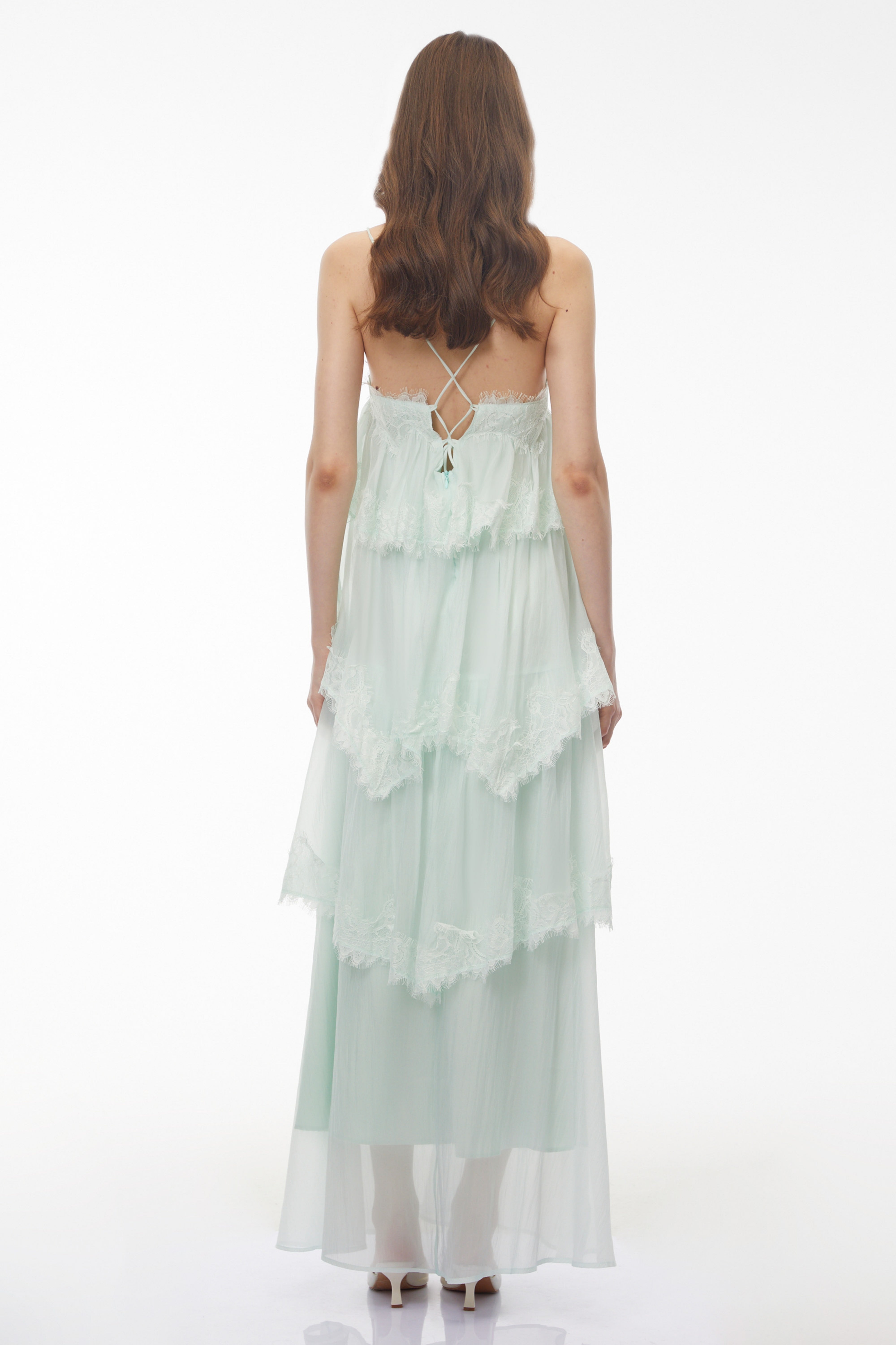 Mint Green Tiered Maxi Dress with Lace Trim and Spaghetti Straps