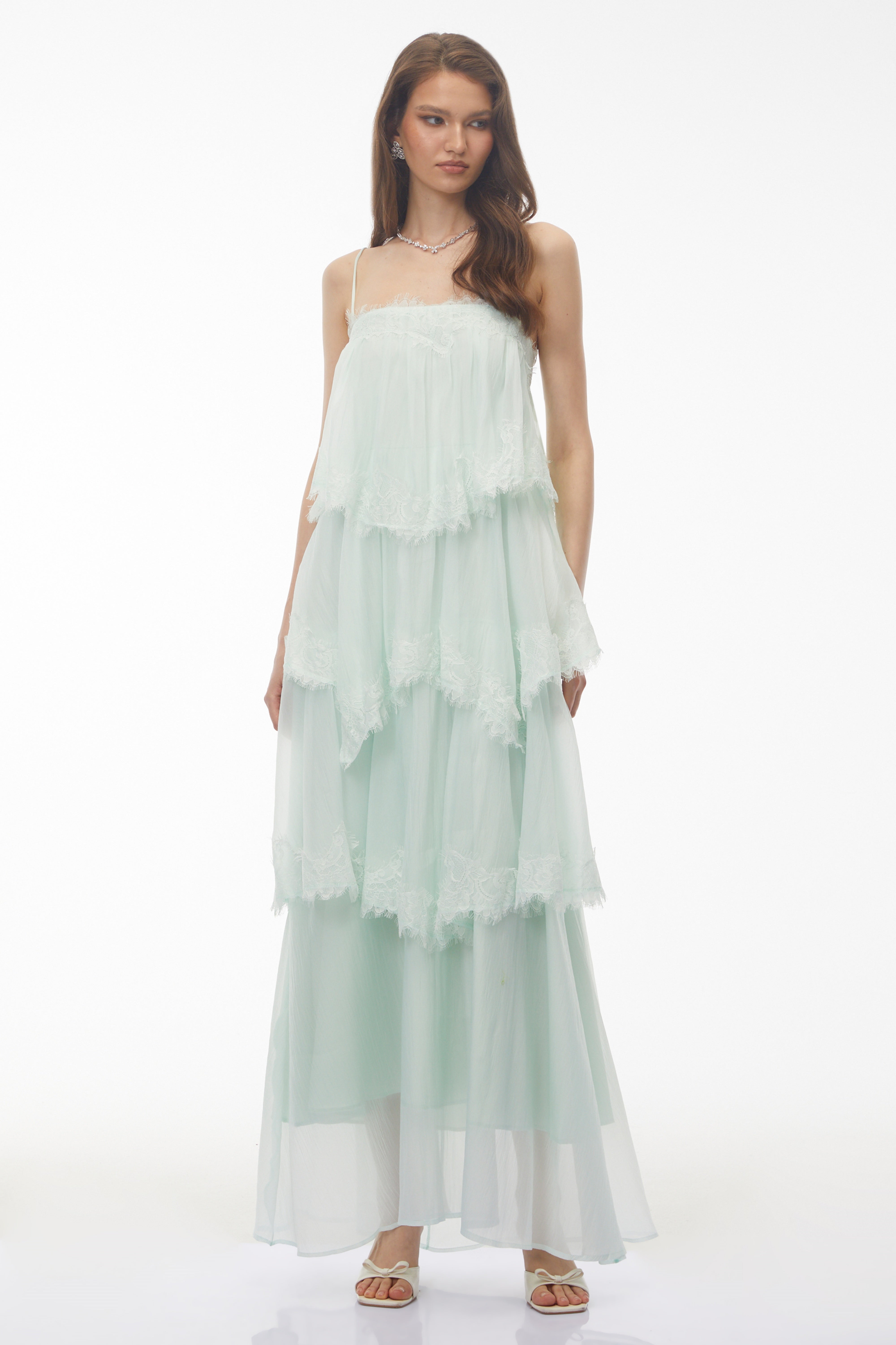 Mint Green Tiered Maxi Dress with Lace Trim and Spaghetti Straps