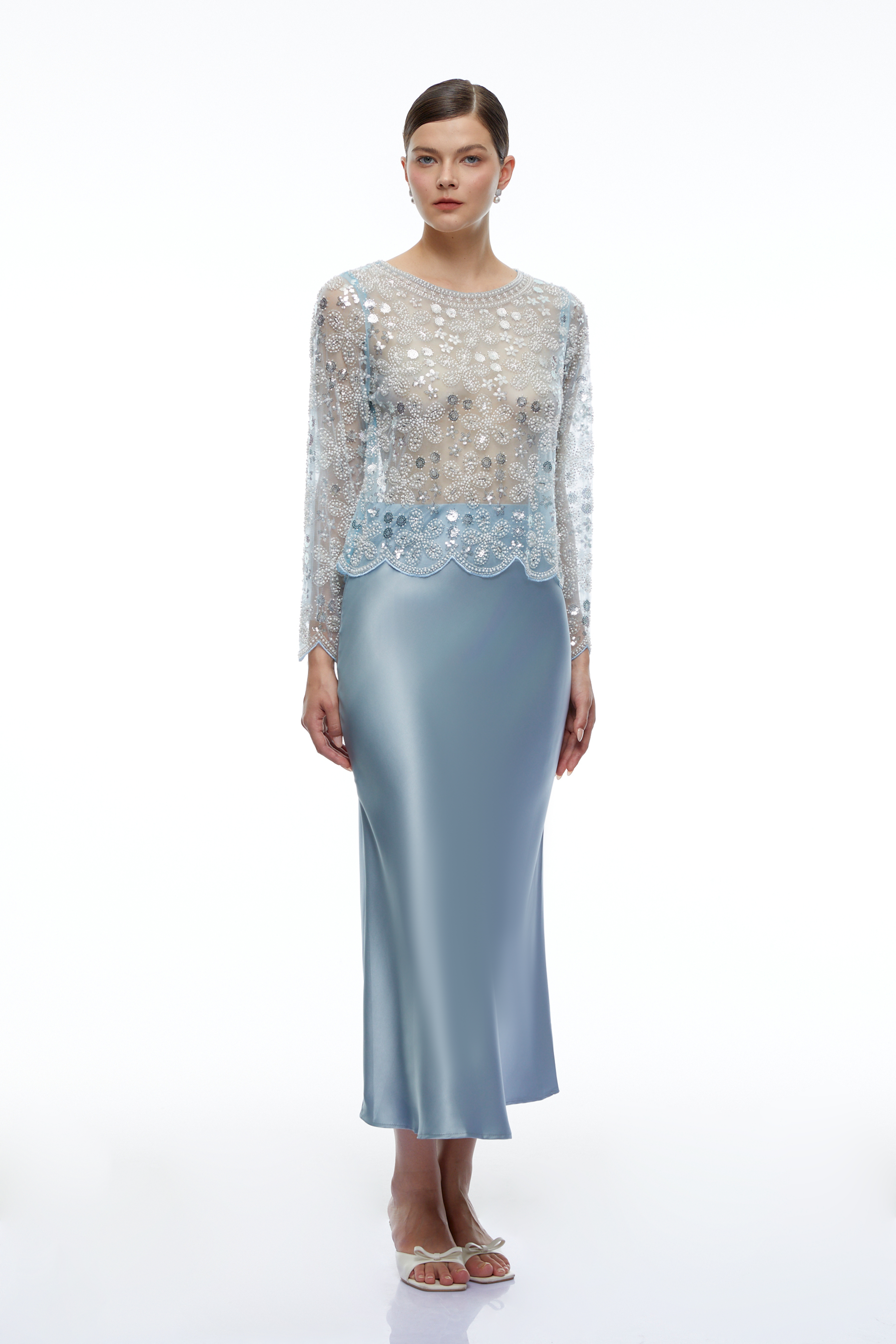 Rhiannon Blue Beaded Lace Top & Midi Skirt Set