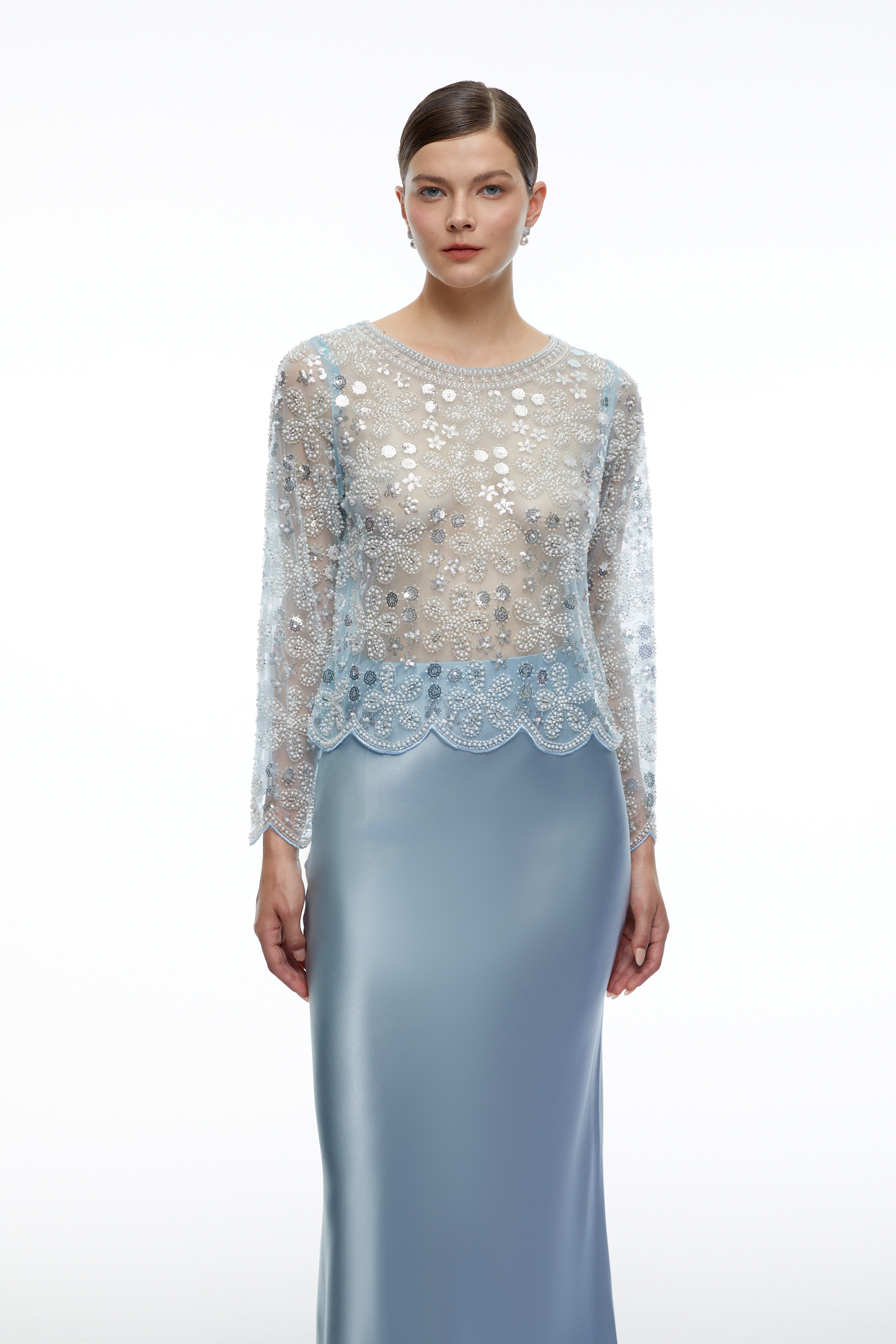 Rhiannon Blue Beaded Lace Top & Midi Skirt Set