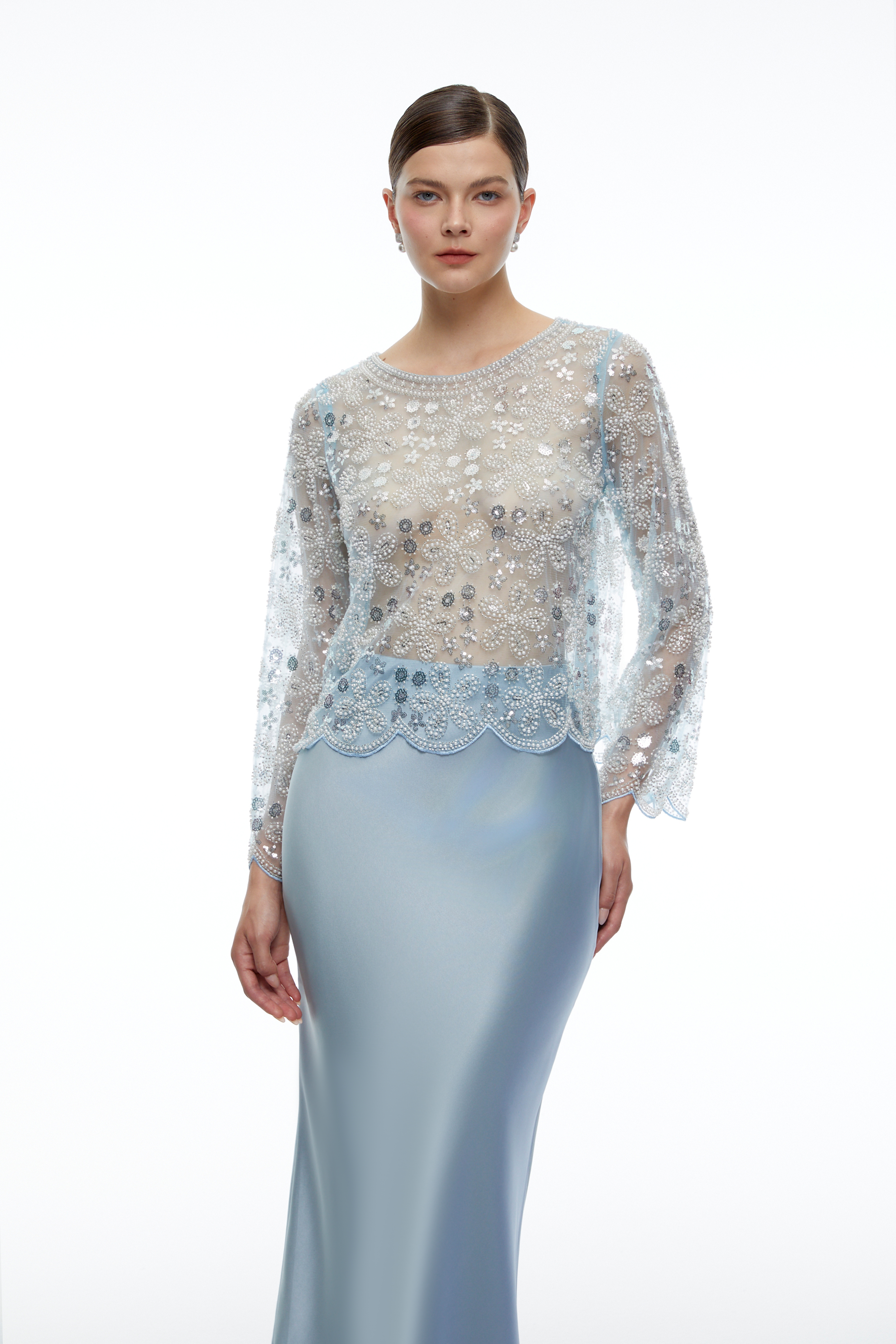 Rhiannon Blue Beaded Lace Top & Midi Skirt Set