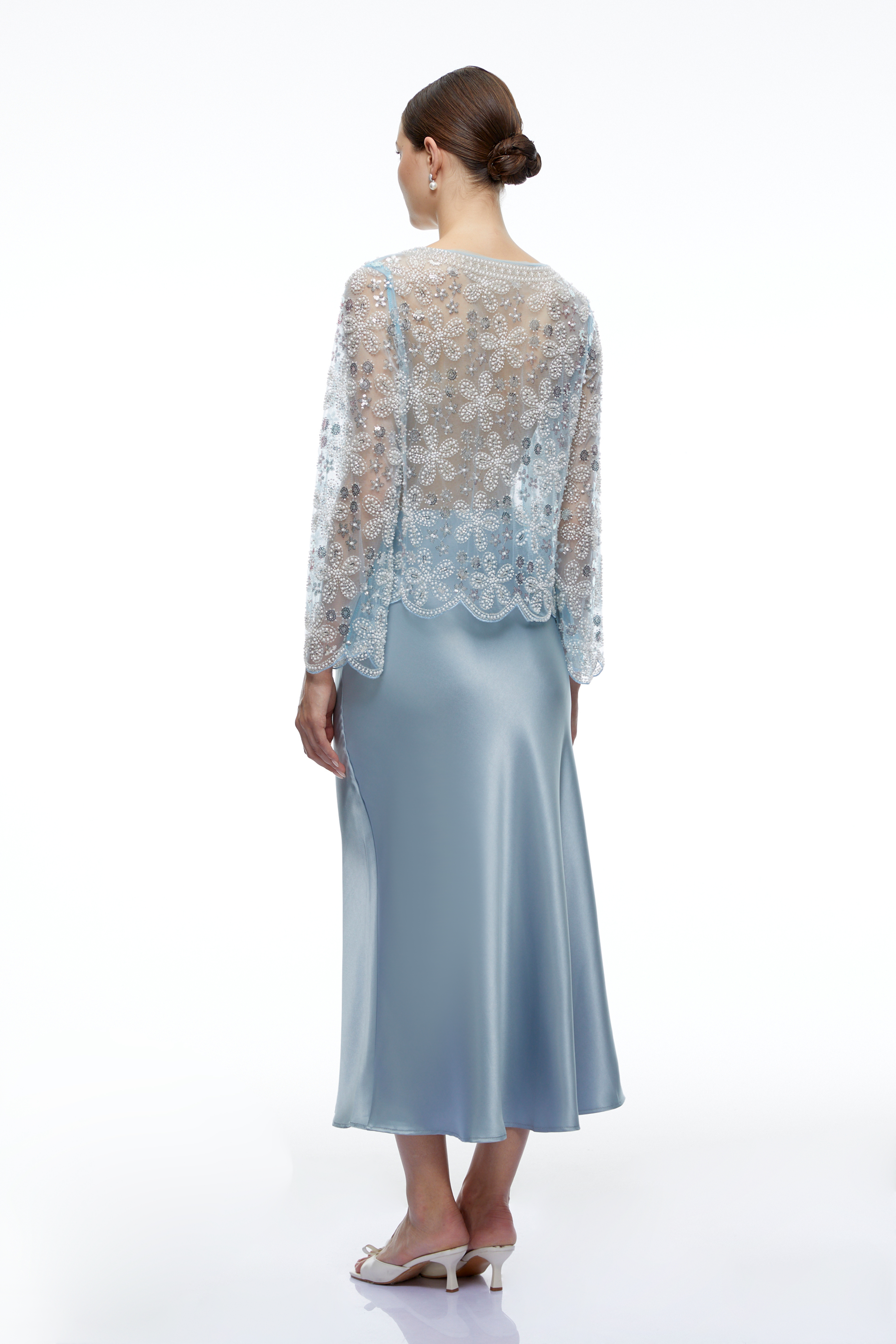 Rhiannon Blue Beaded Lace Top & Midi Skirt Set