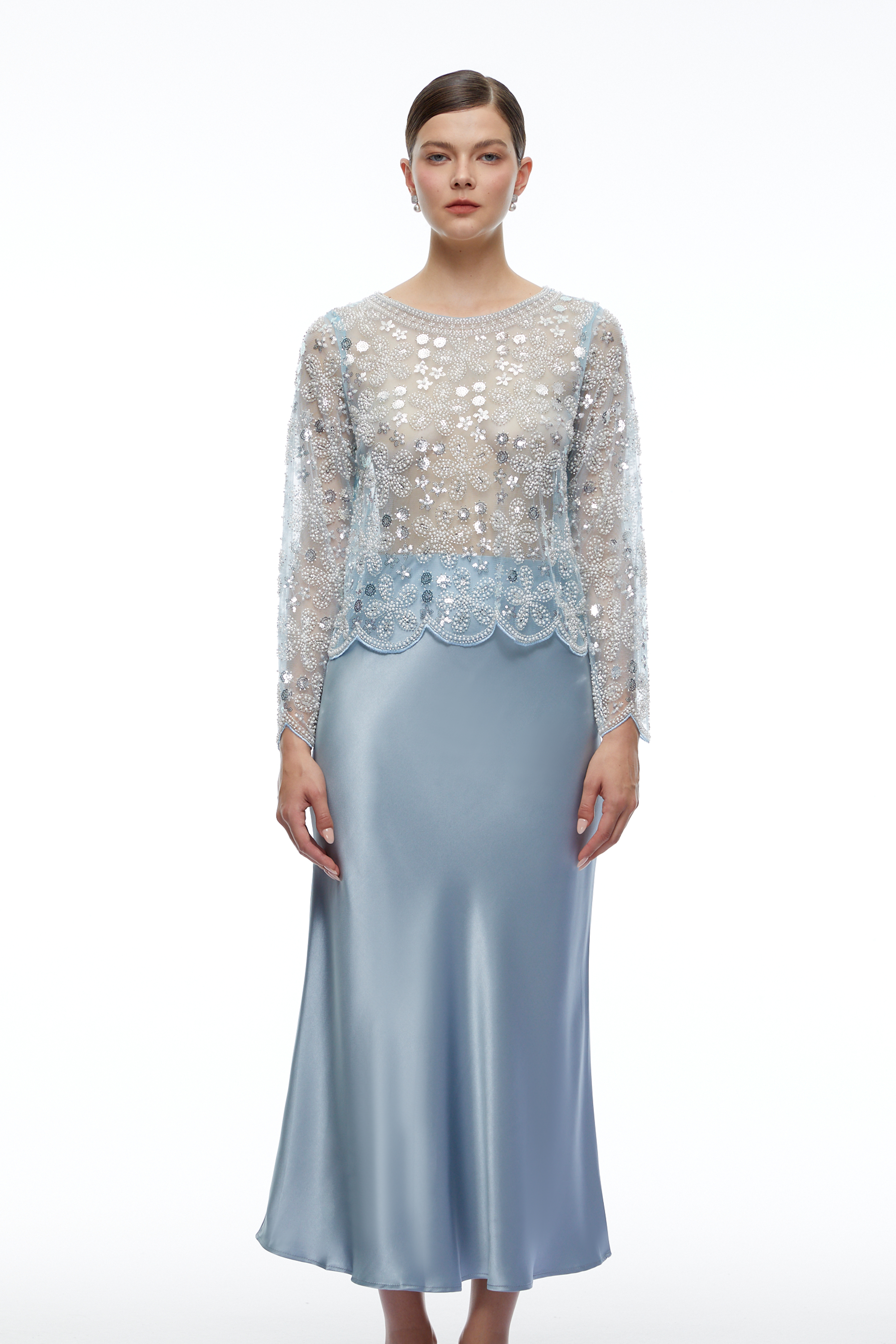 Rhiannon Blue Beaded Lace Top & Midi Skirt Set