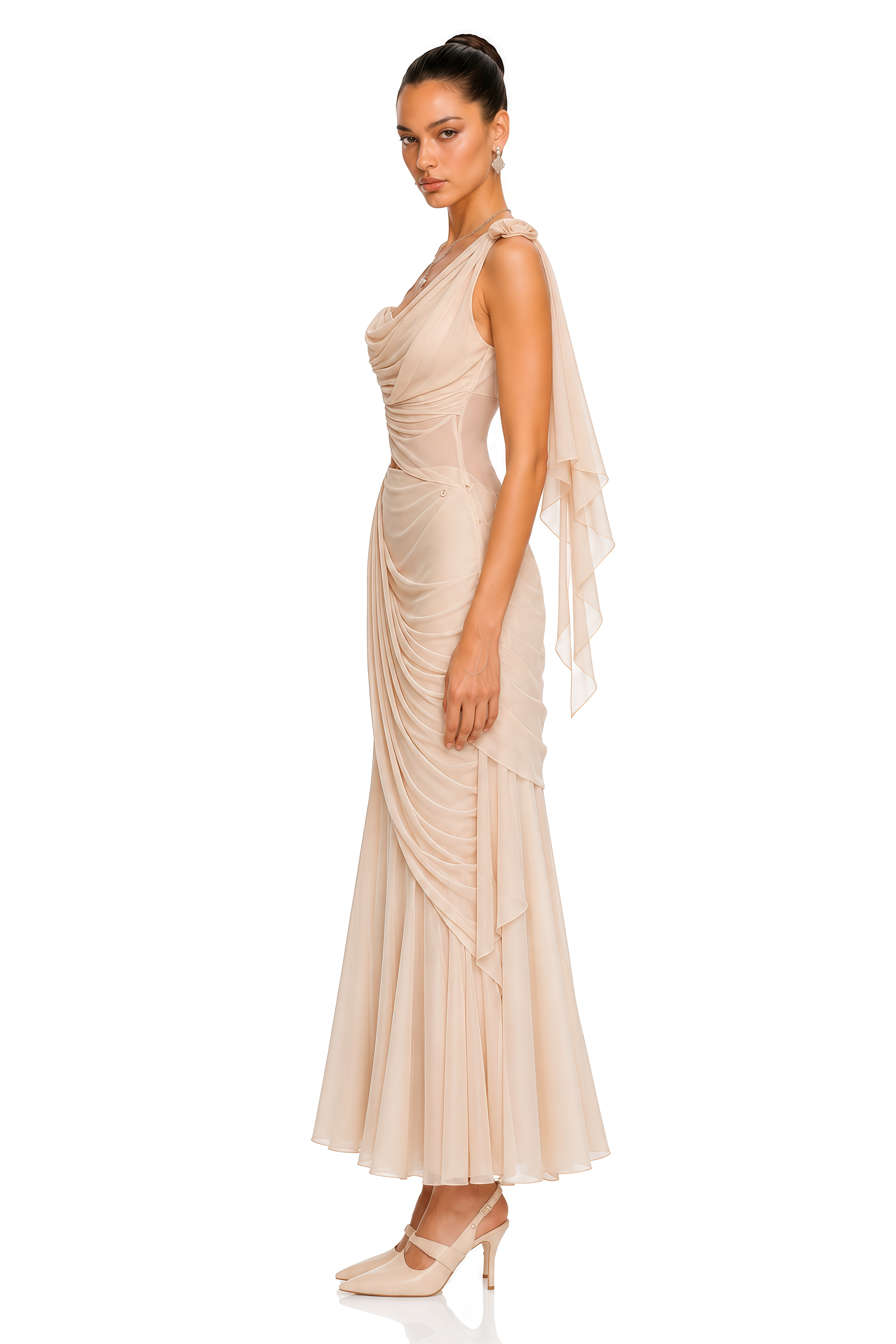 Rhona Neutral Asymmetrical Ruched Top & Maxi Skirt Set