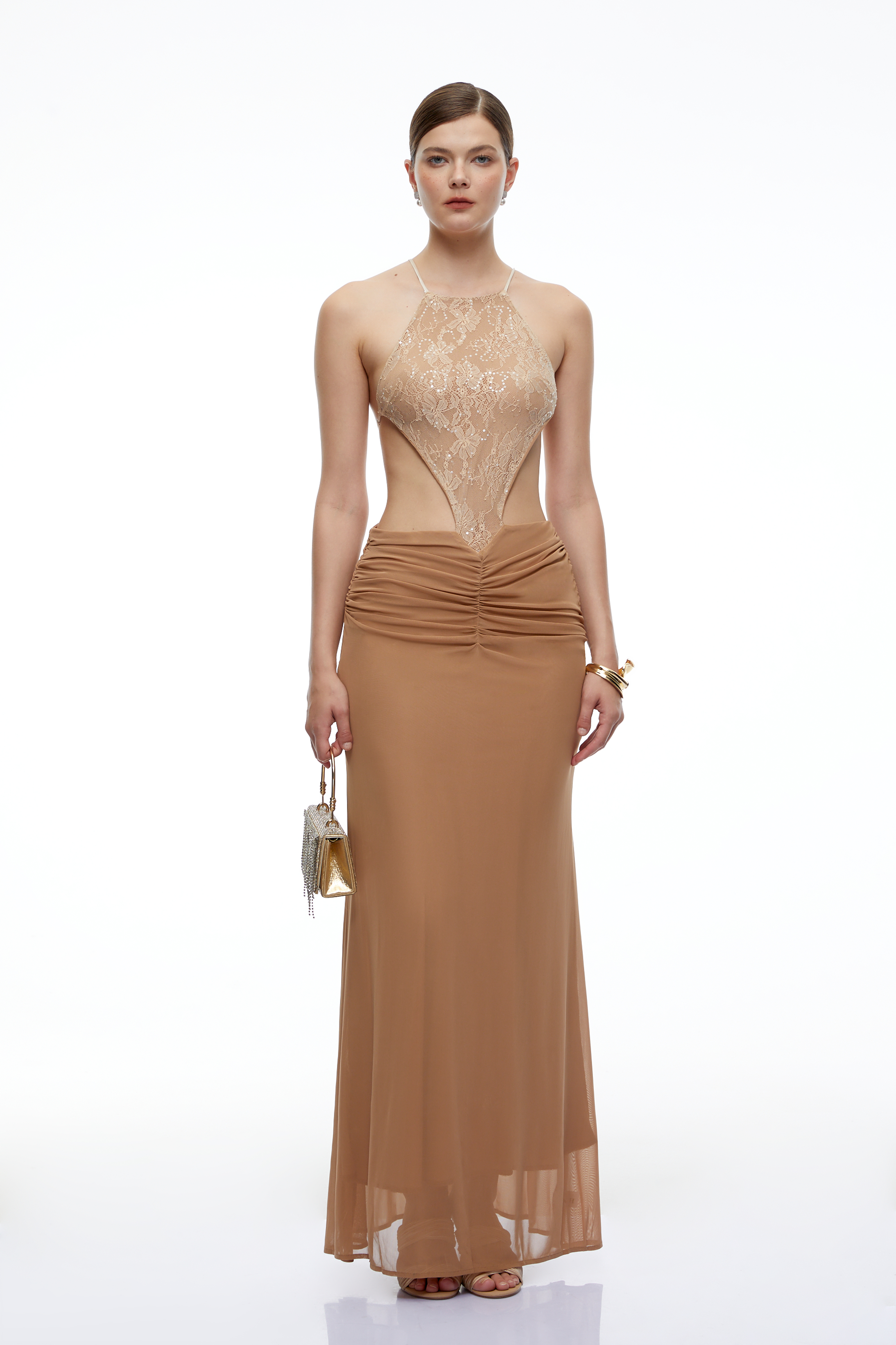 Ricarda Neutral Lace Cut-Out Ruched Maxi Dress