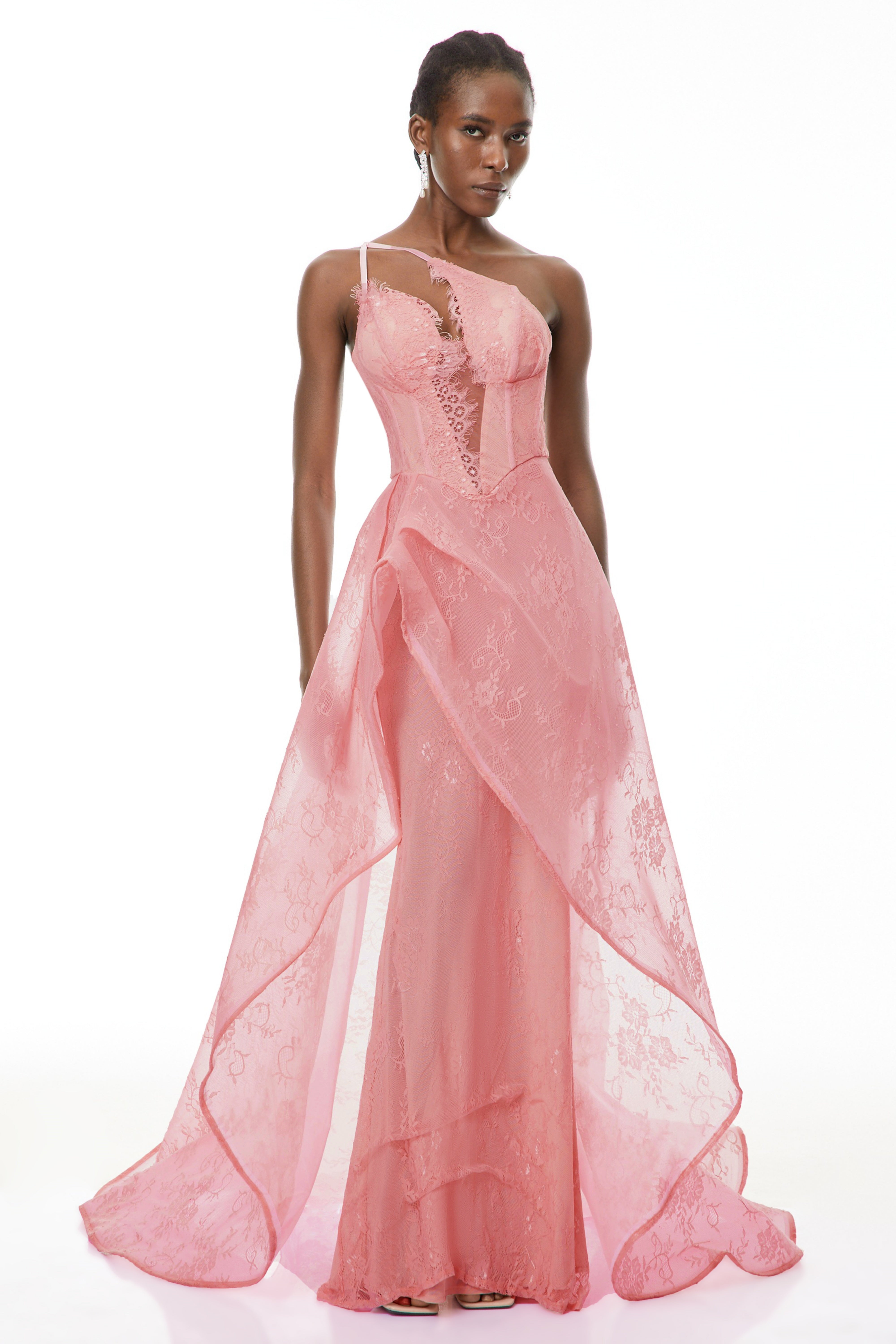 Pink lace asymmetrical corset gown with draped side overlay