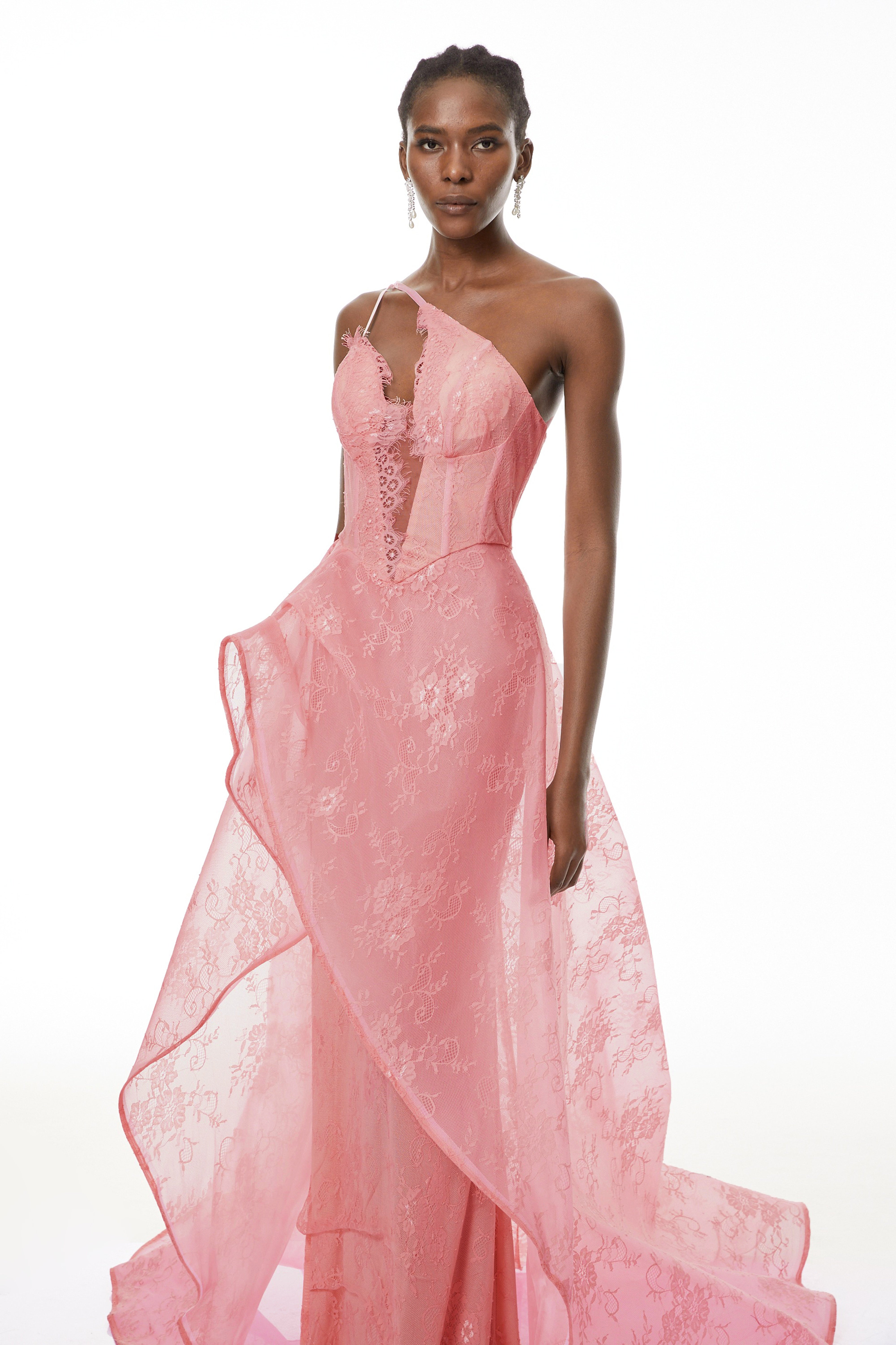 Pink lace asymmetrical corset gown with draped side overlay