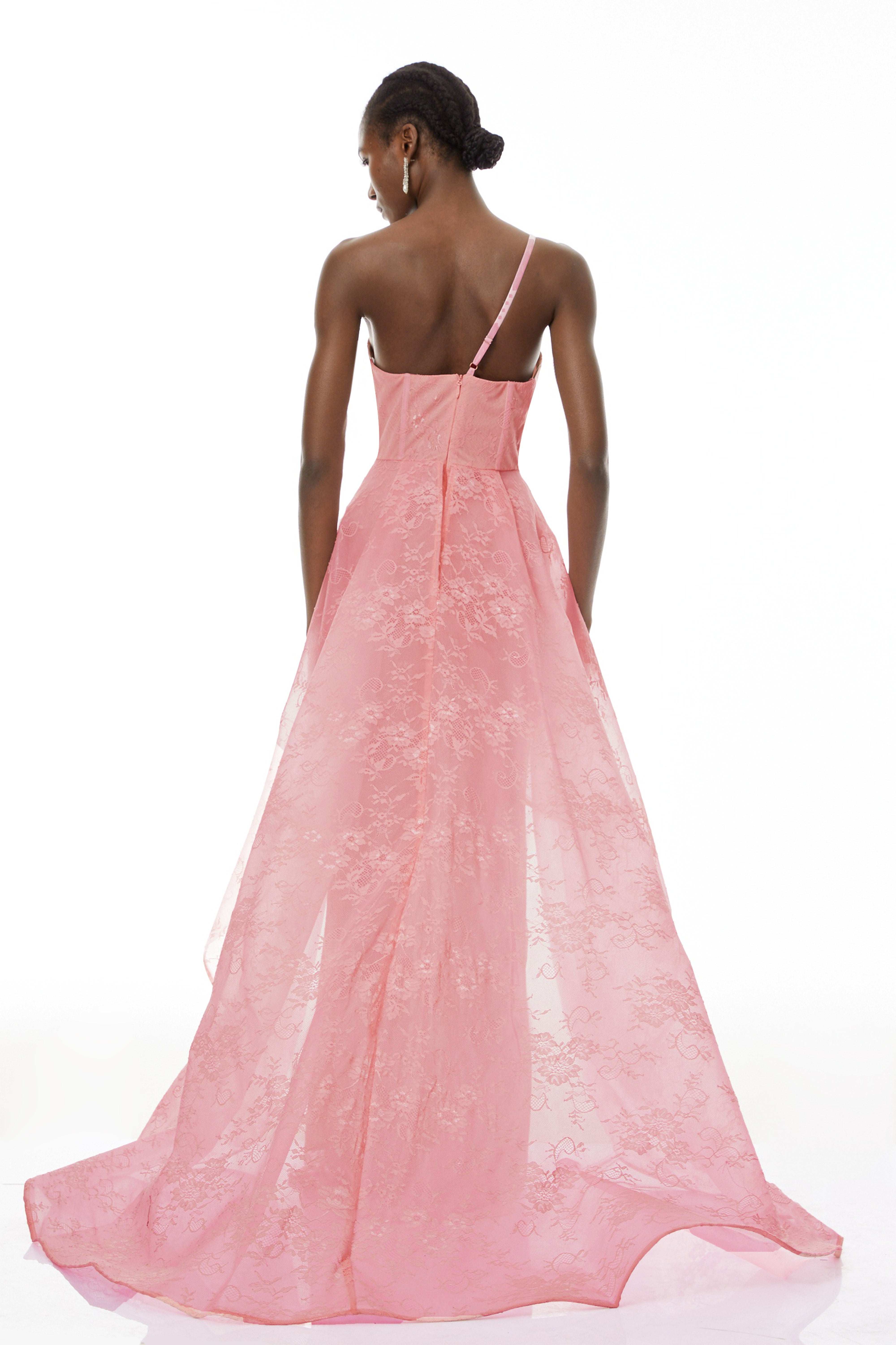 Pink lace asymmetrical corset gown with draped side overlay