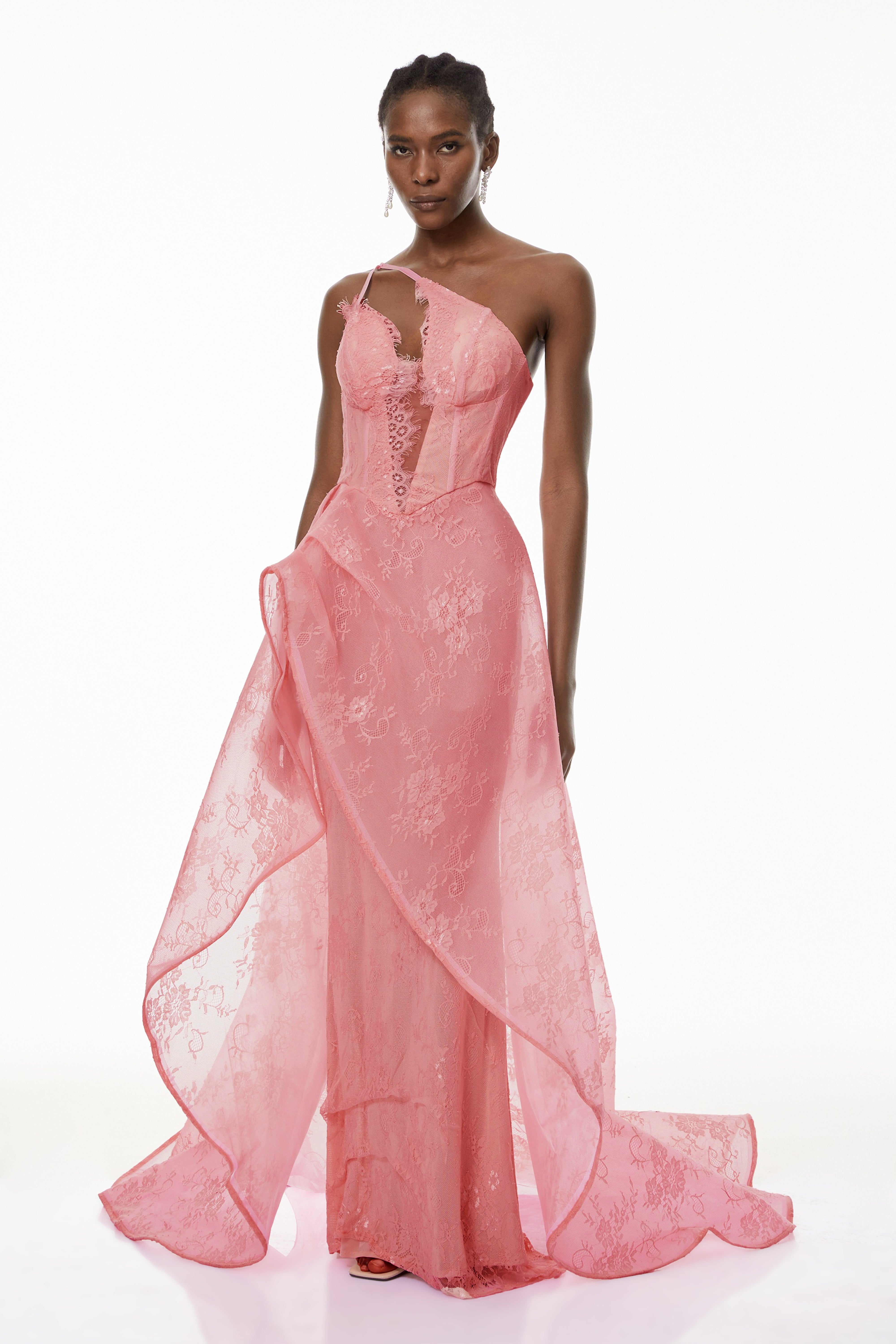 Pink lace asymmetrical corset gown with draped side overlay