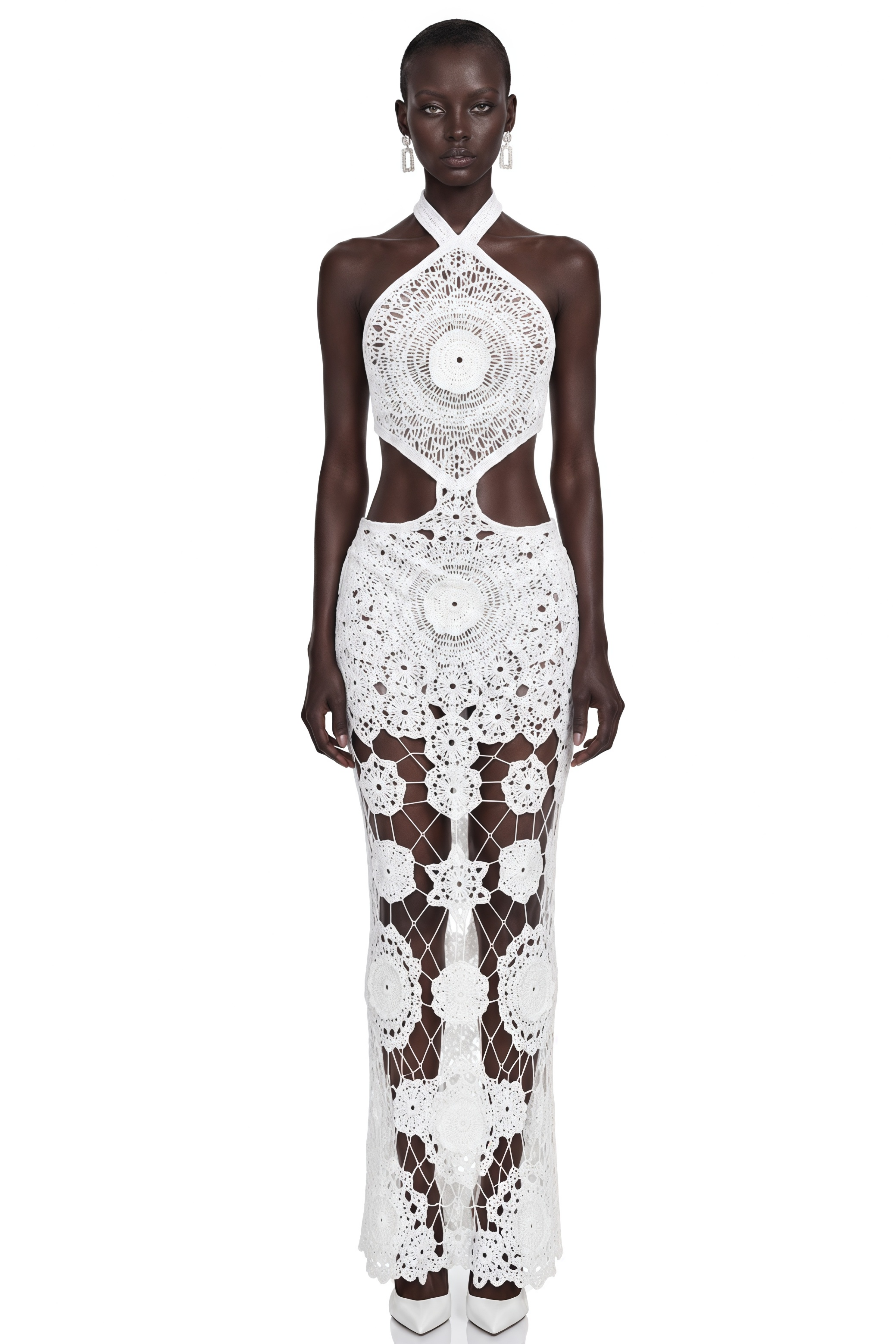 Rivka White Crochet Cut-Out Open Back Maxi Dress