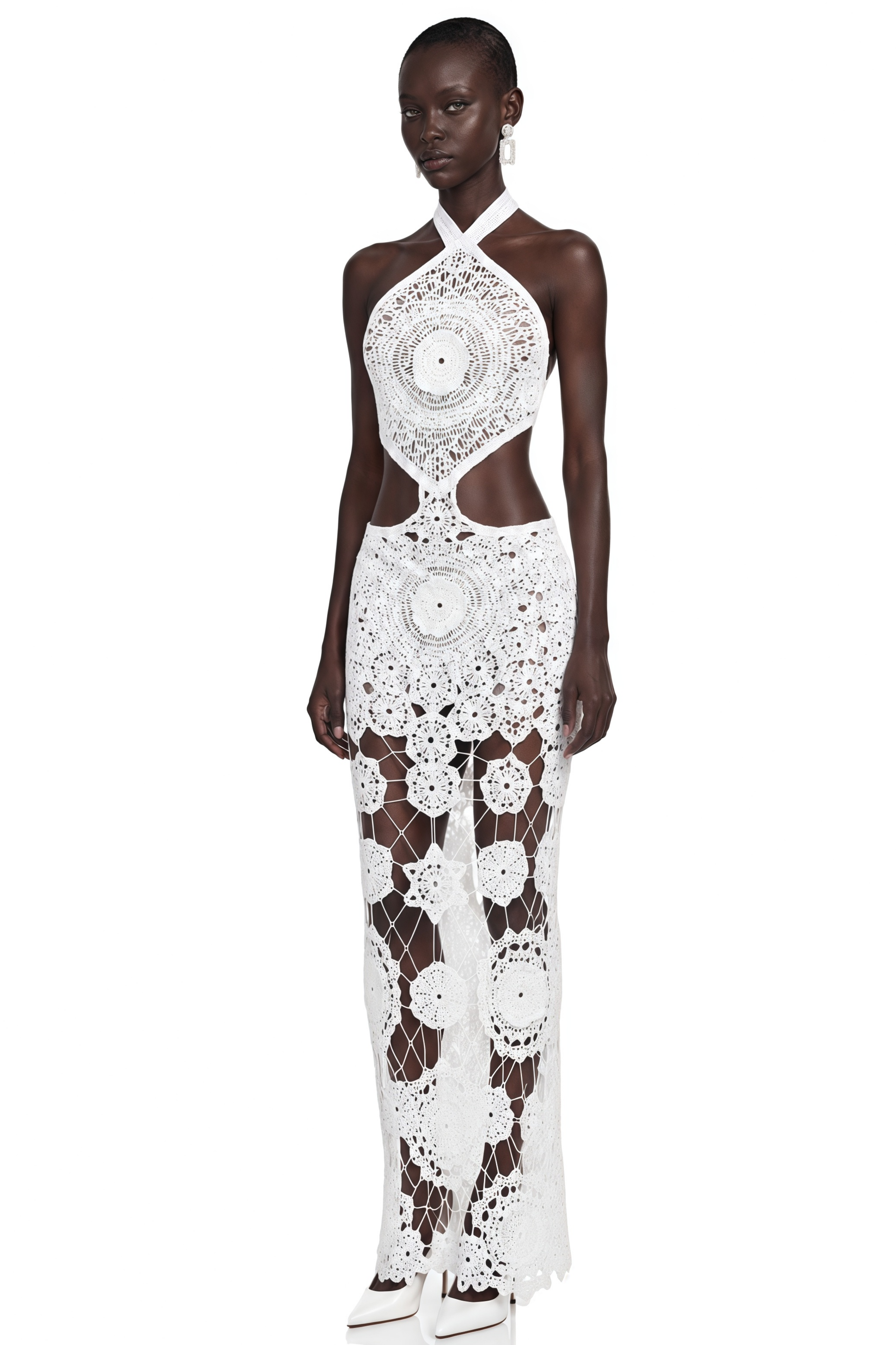 Rivka White Crochet Cut-Out Open Back Maxi Dress