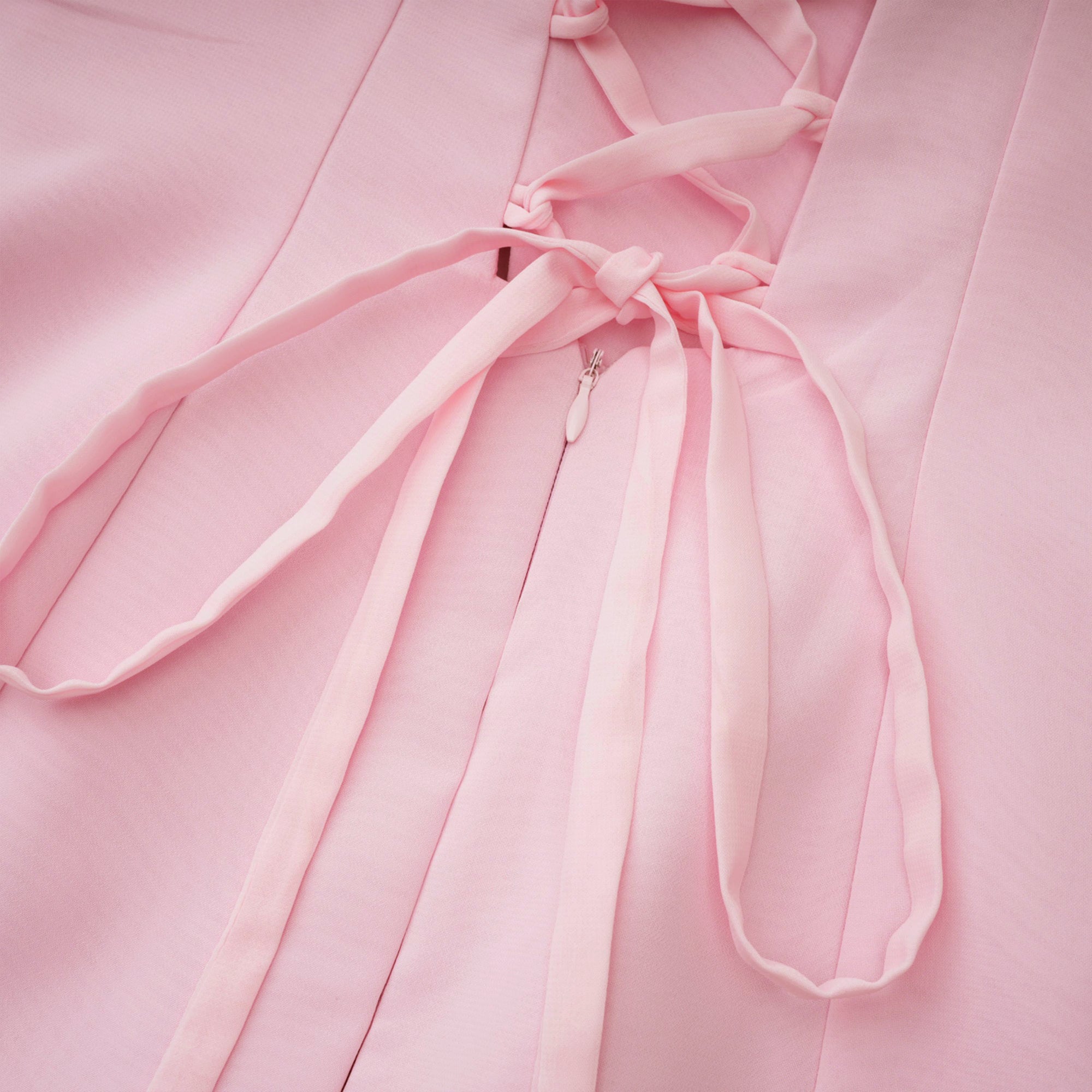 Pink strapless maxi dress with a draped cowl neckline and a matching long neck scarf