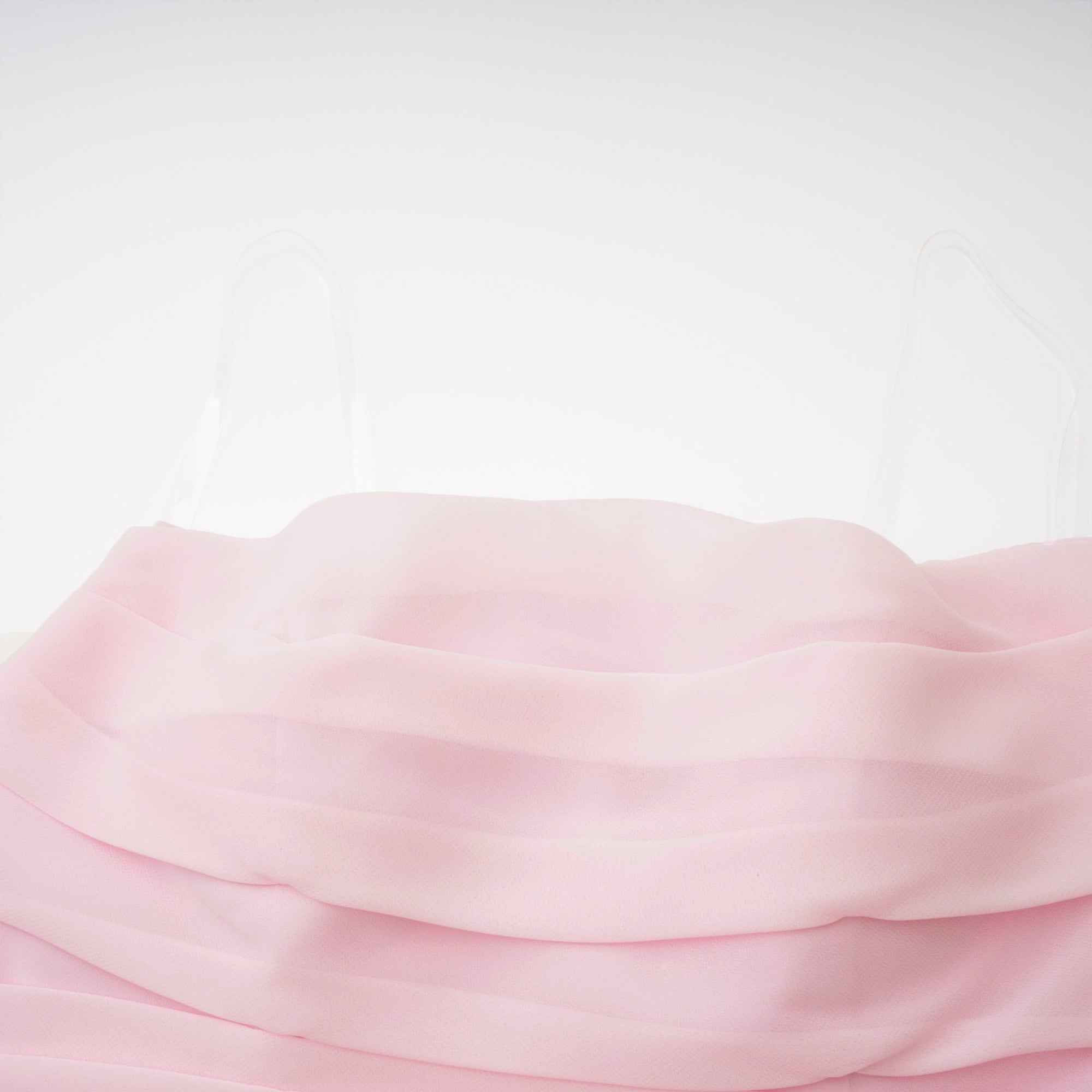 Pink strapless maxi dress with a draped cowl neckline and a matching long neck scarf