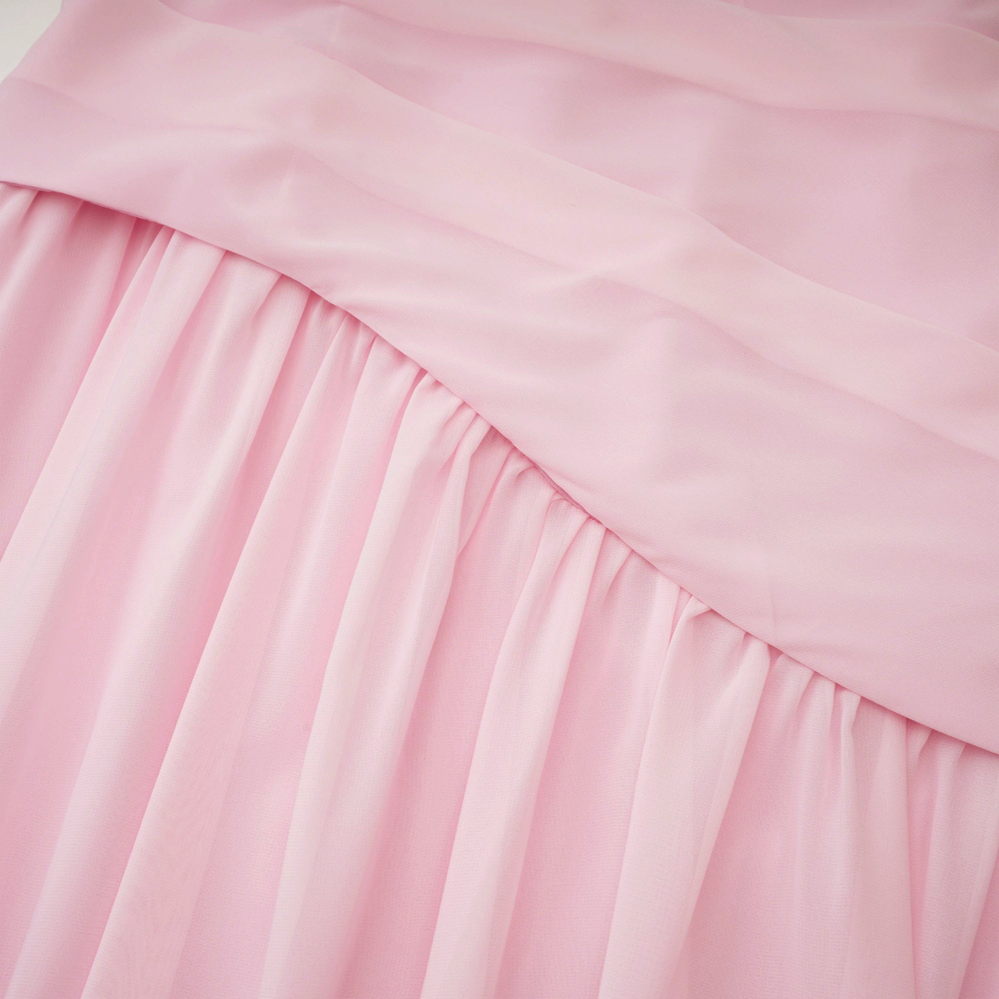 Pink strapless maxi dress with a draped cowl neckline and a matching long neck scarf