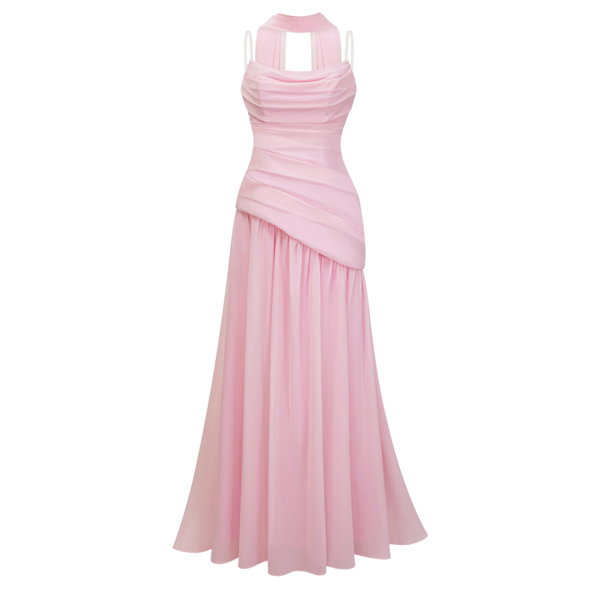 Pink strapless maxi dress with a draped cowl neckline and a matching long neck scarf