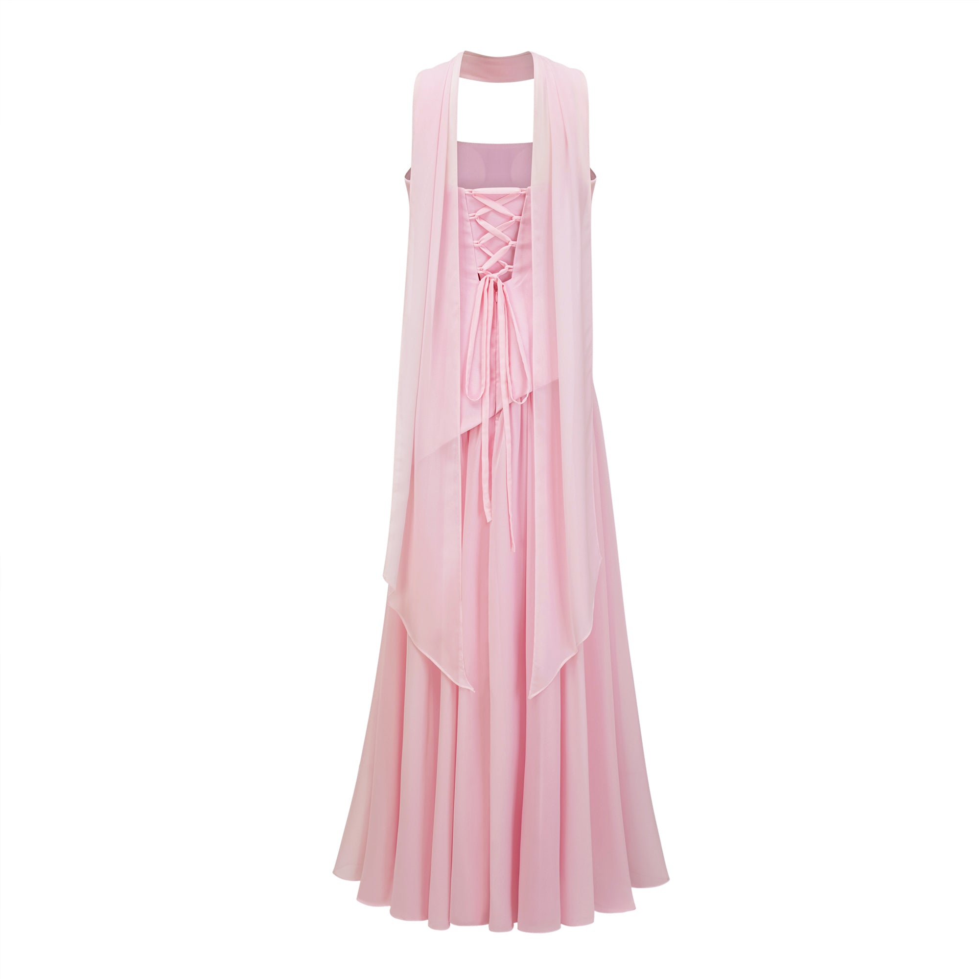 Pink strapless maxi dress with a draped cowl neckline and a matching long neck scarf