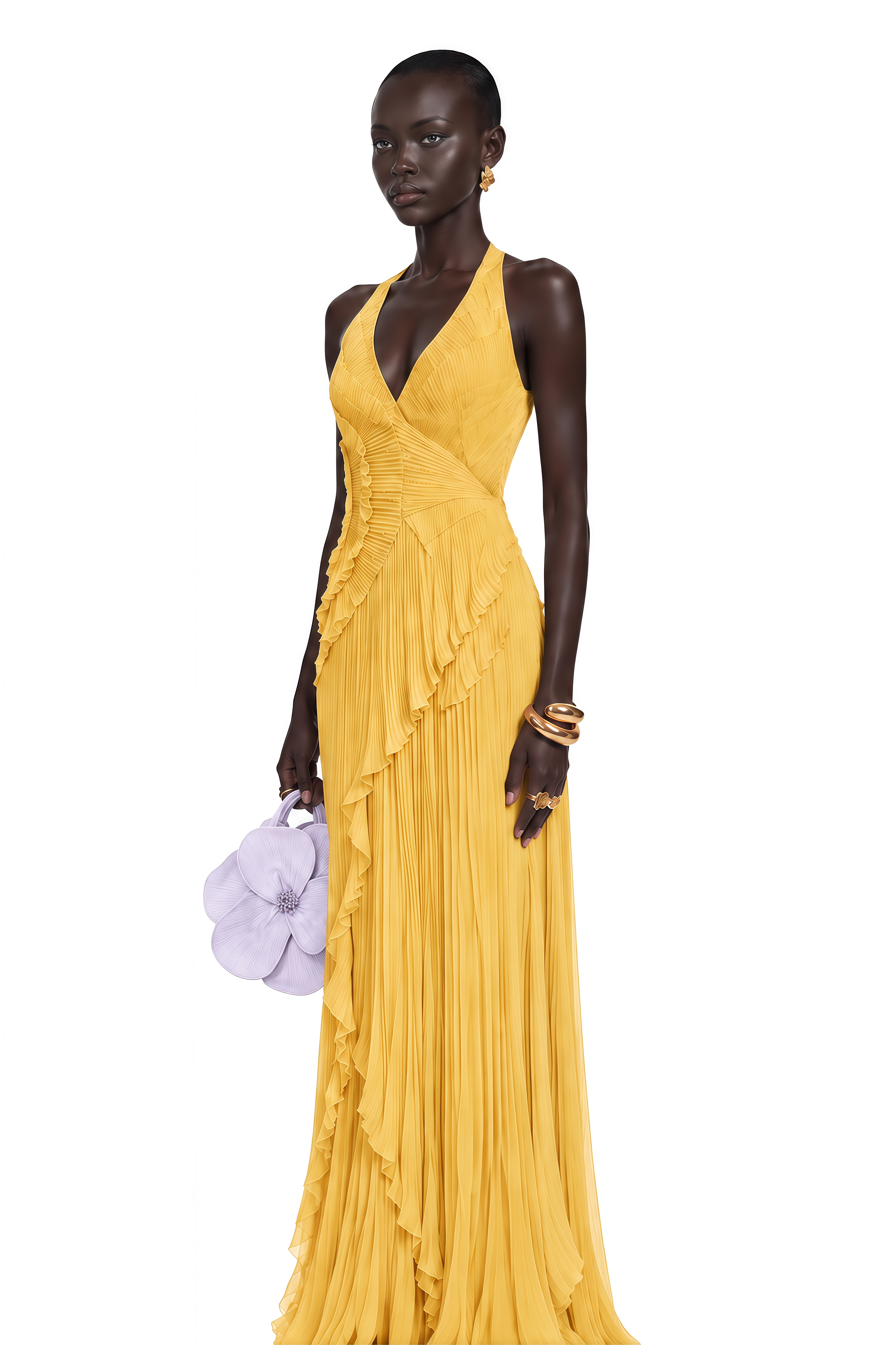 Romilda Yellow Pleated Halterneck Maxi Dress with Ruffles
