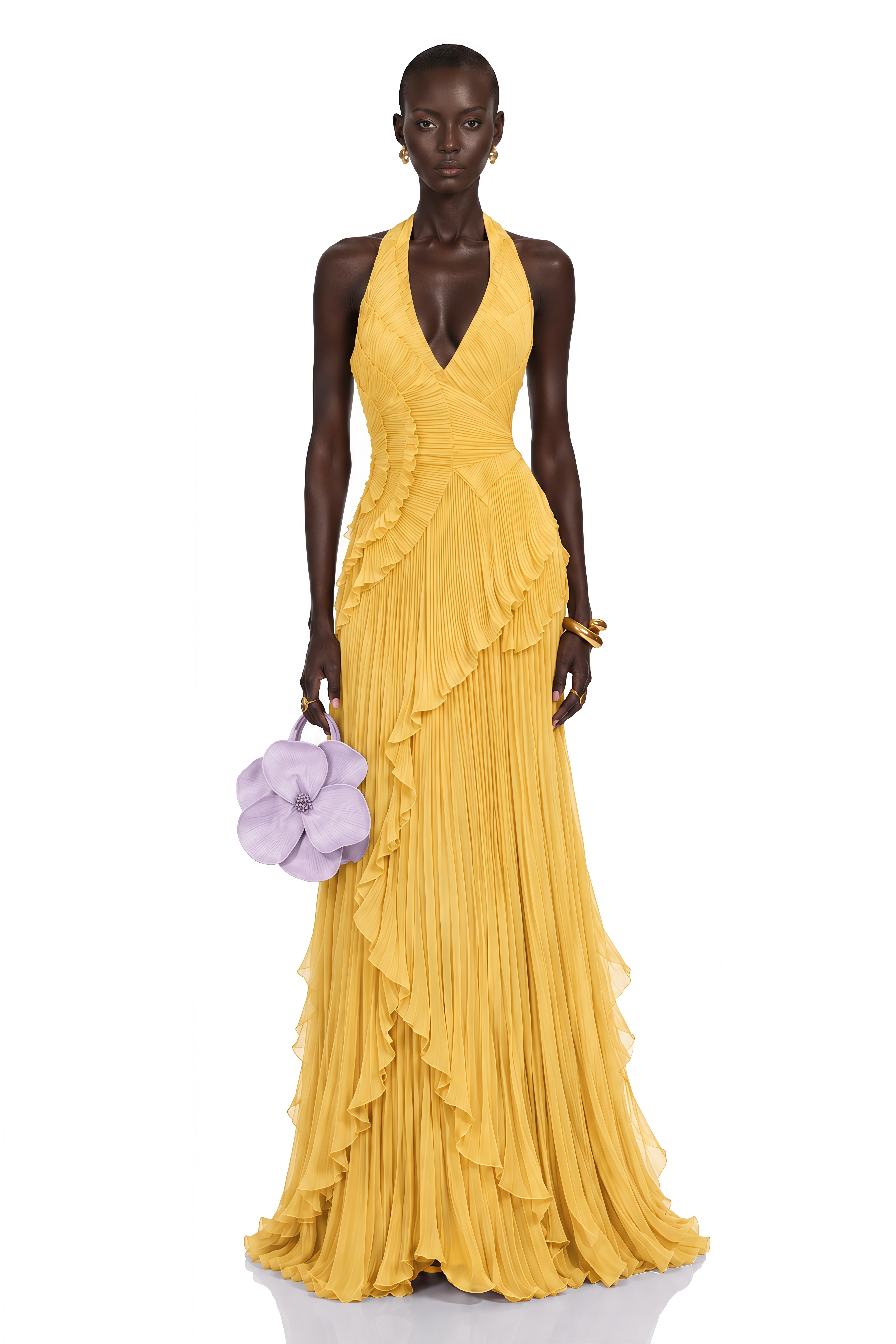Romilda Yellow Pleated Halterneck Maxi Dress with Ruffles