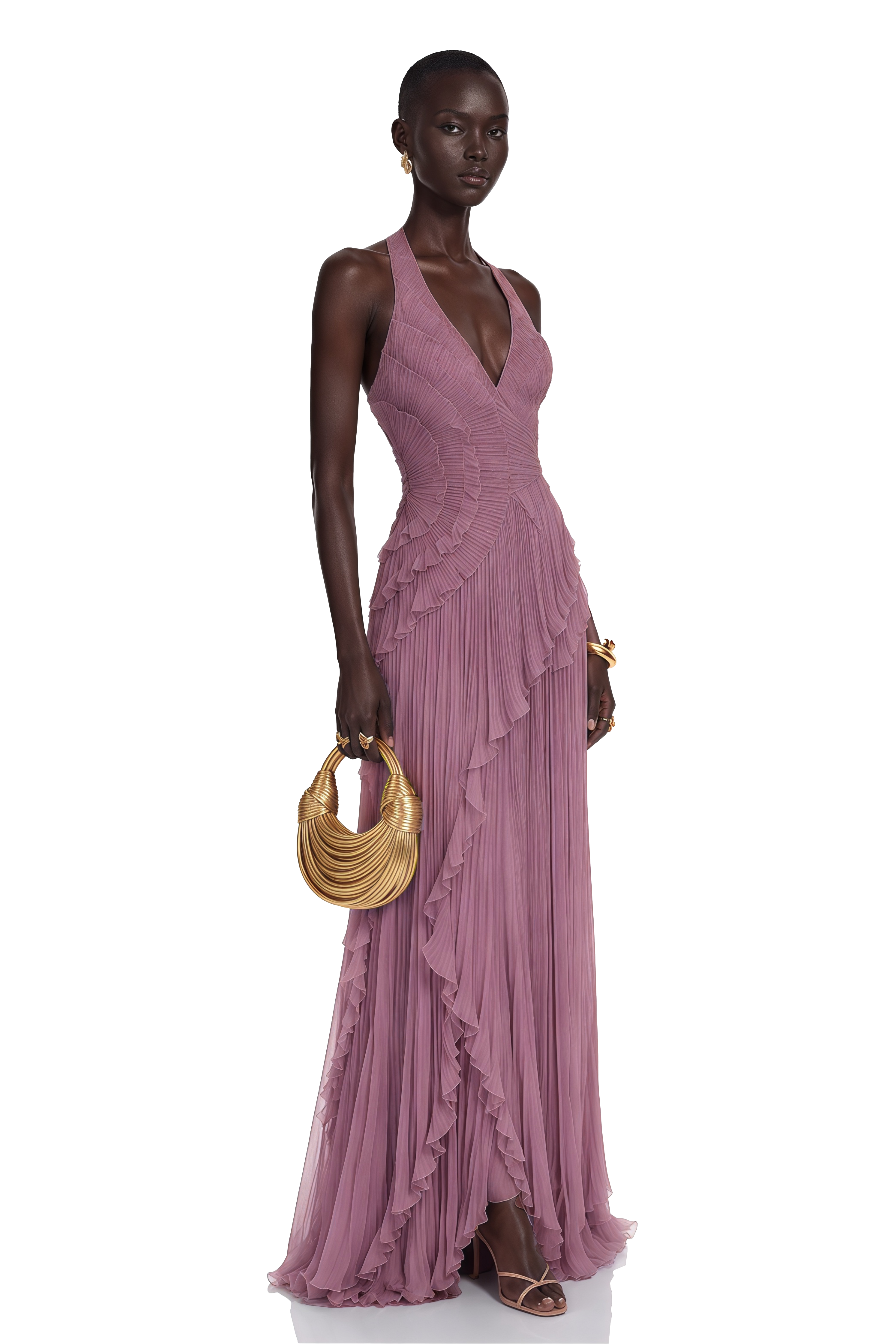 Romilda Purple Pleated Halterneck Maxi Dress with Ruffles