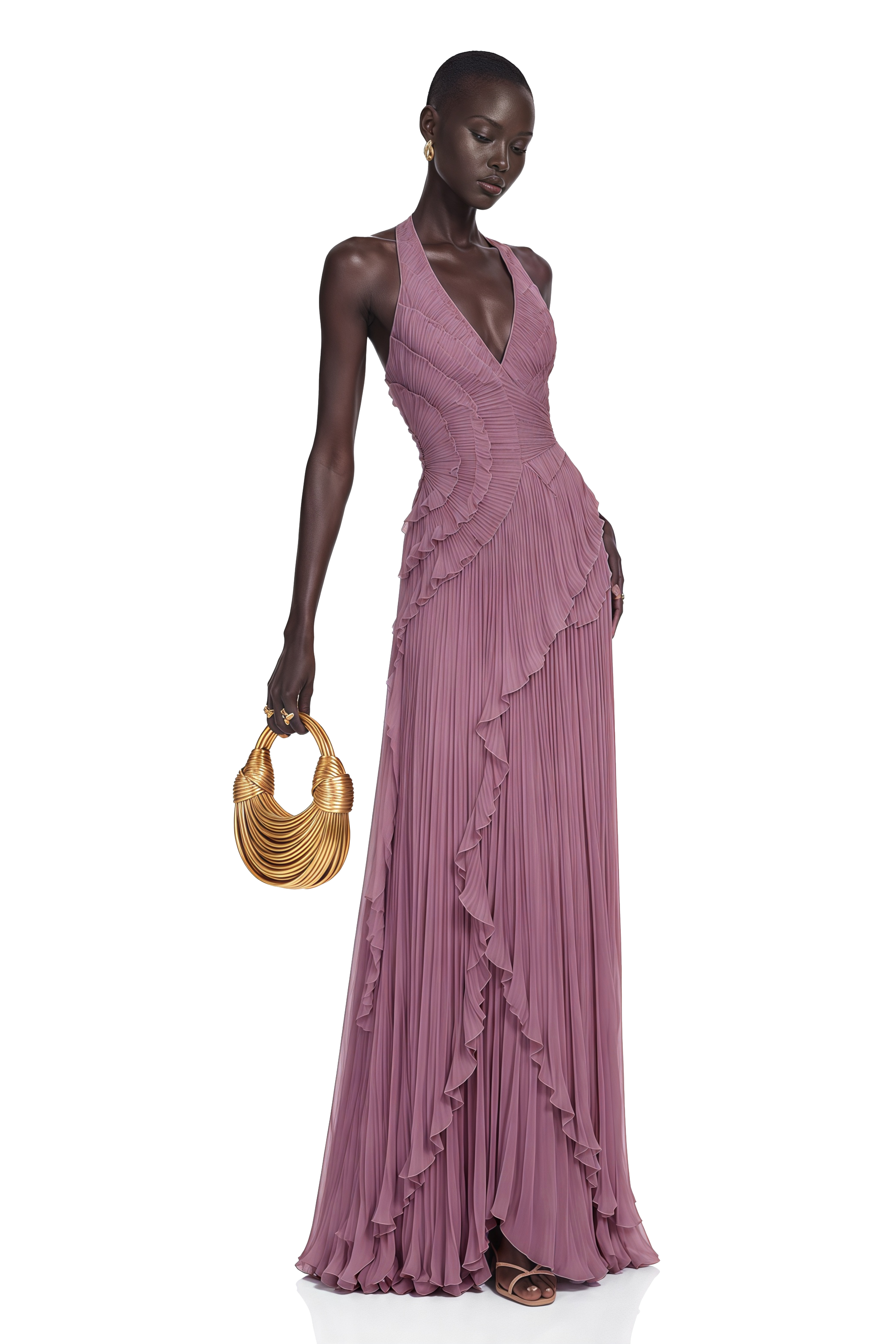 Romilda Purple Pleated Halterneck Maxi Dress with Ruffles