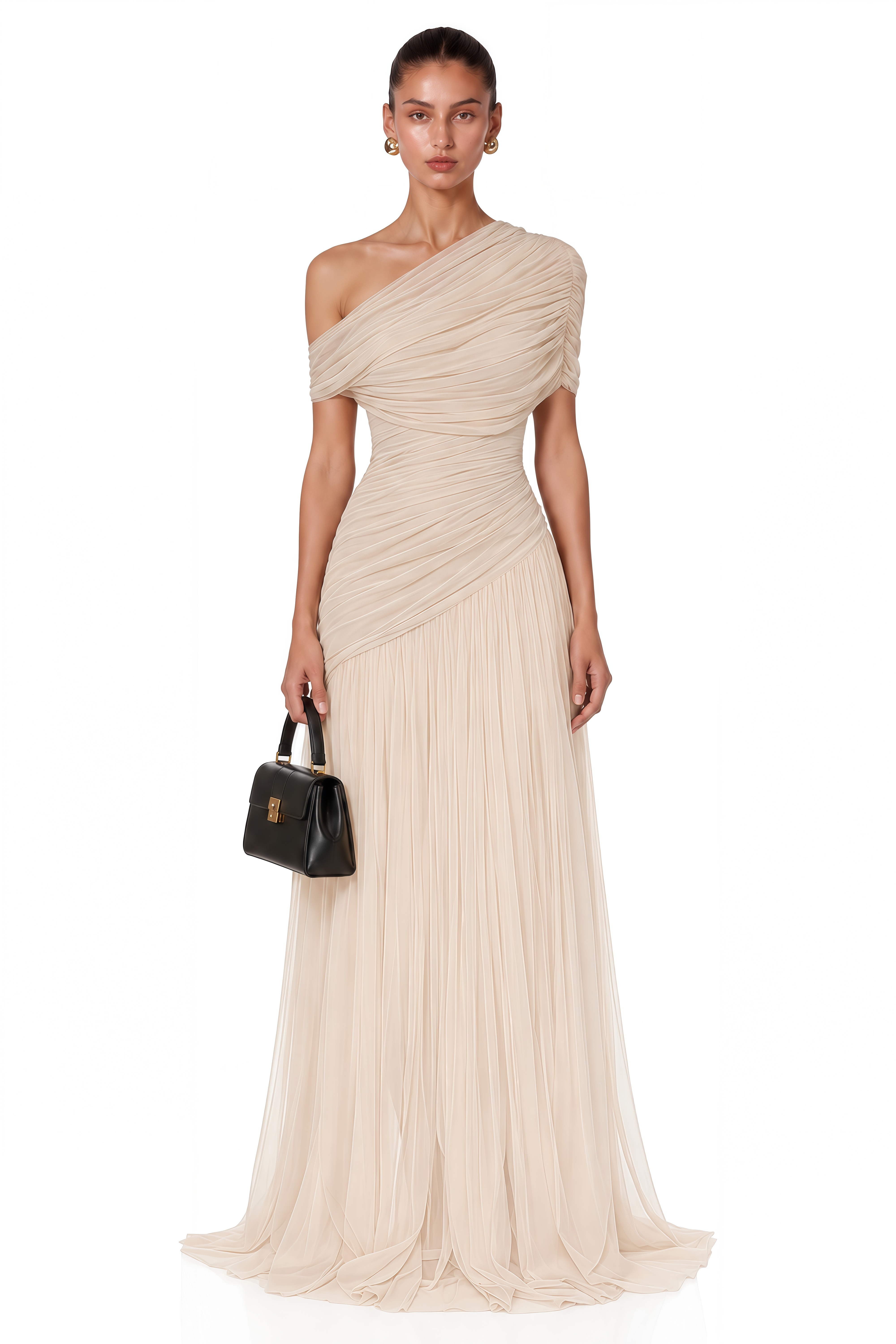 Rongo Neutral Asymmetrical One-Shoulder Ruched Maxi Dress