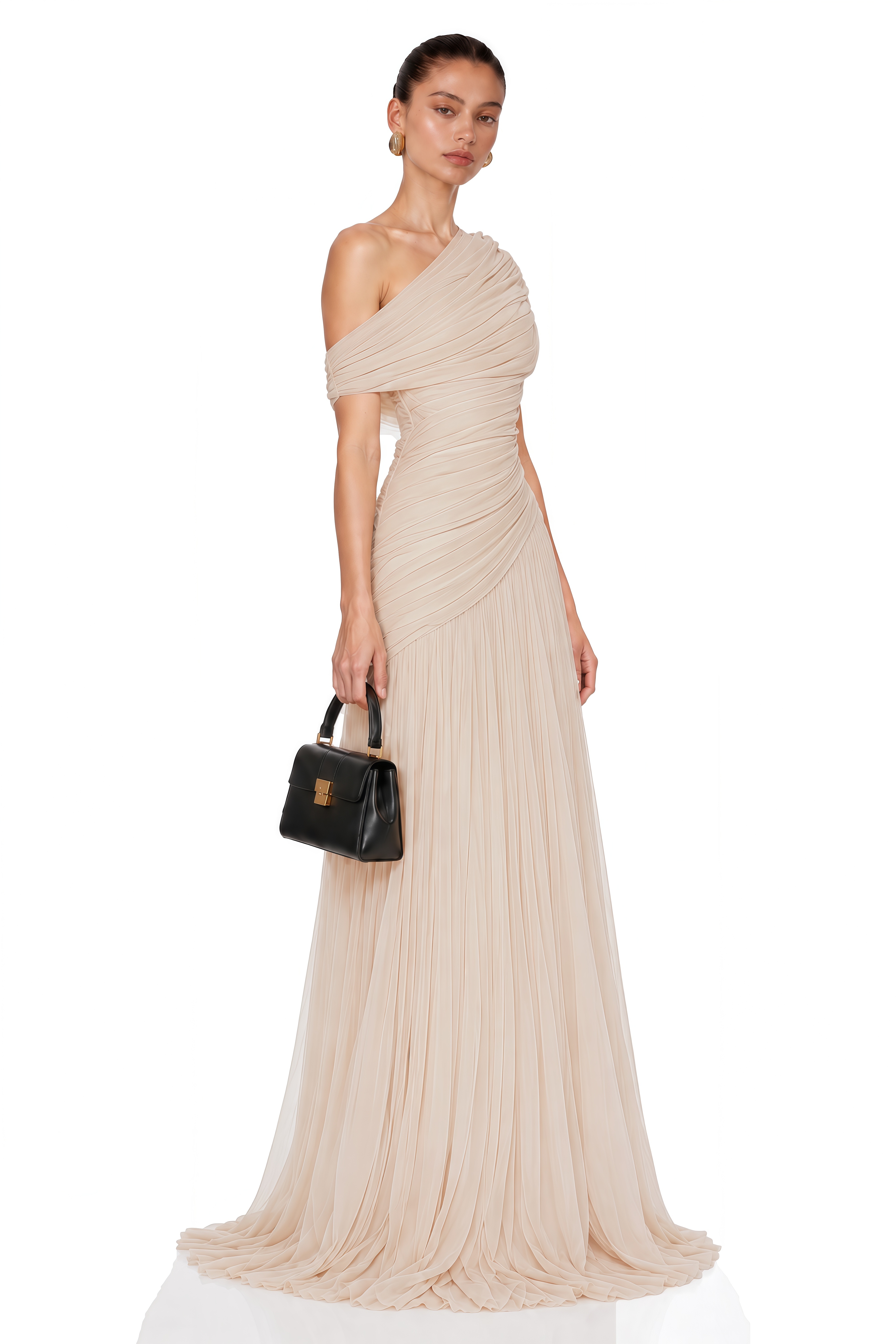 Rongo Neutral Asymmetrical One-Shoulder Ruched Maxi Dress