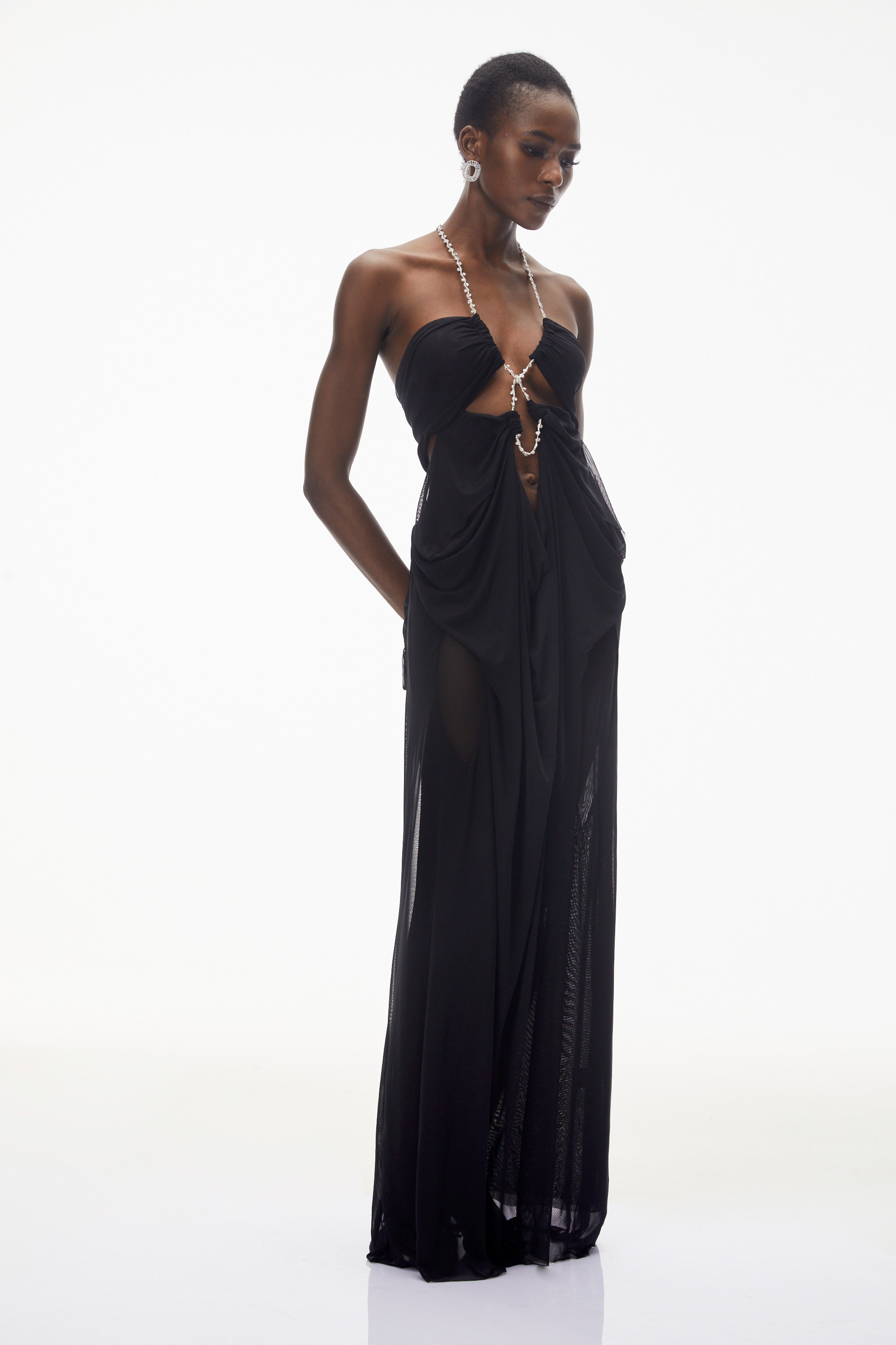Black halter maxi dress with crystal-embellished cutouts